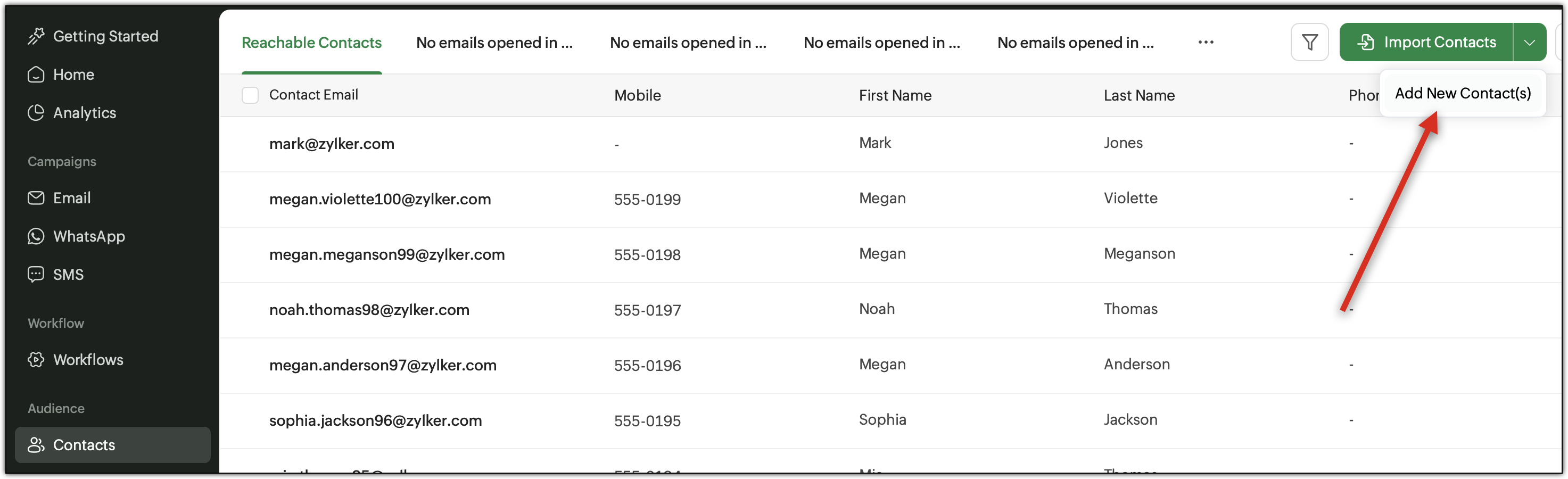 Add New Contacts option highlighted in the Contacts module.