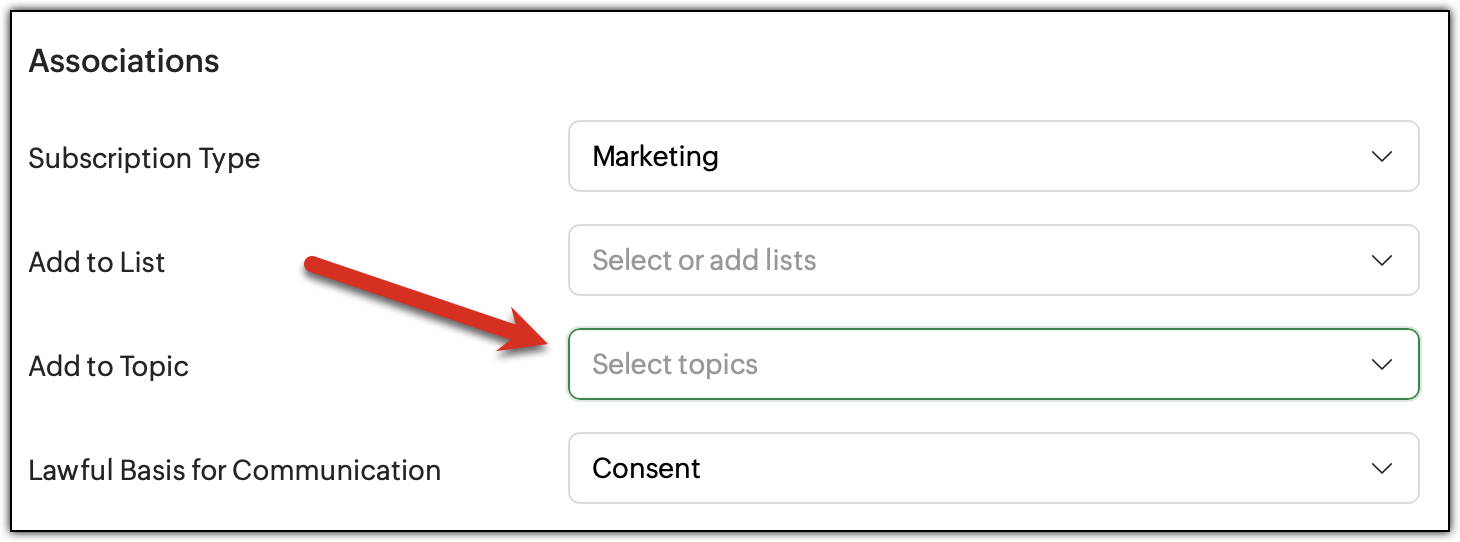 Pointing to the Add to Topic field in the file upload section of import contacts.