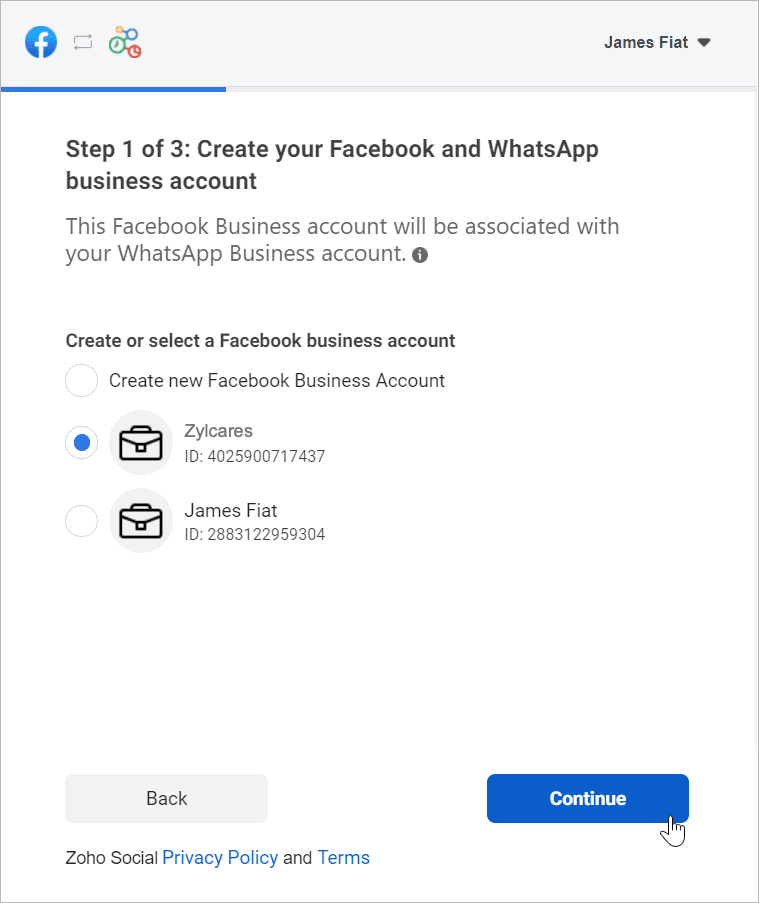 Select your Facebook Business and WhatsApp Business account