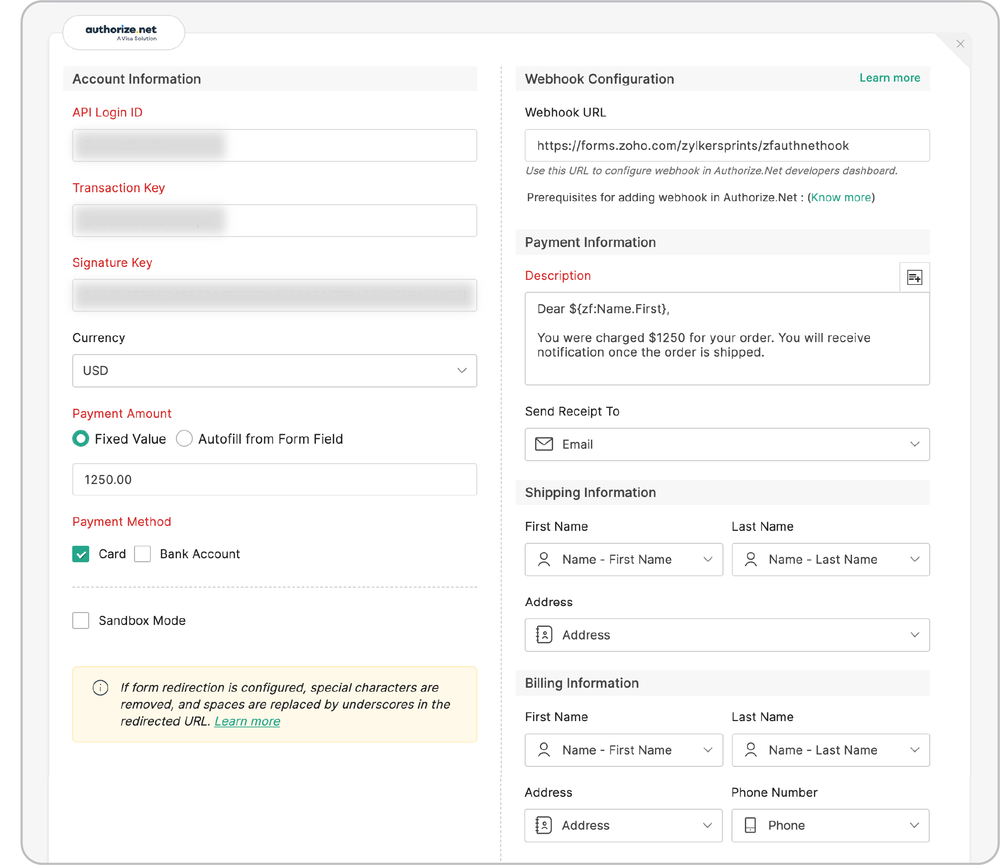 Authorize.Net payment gateway configuration