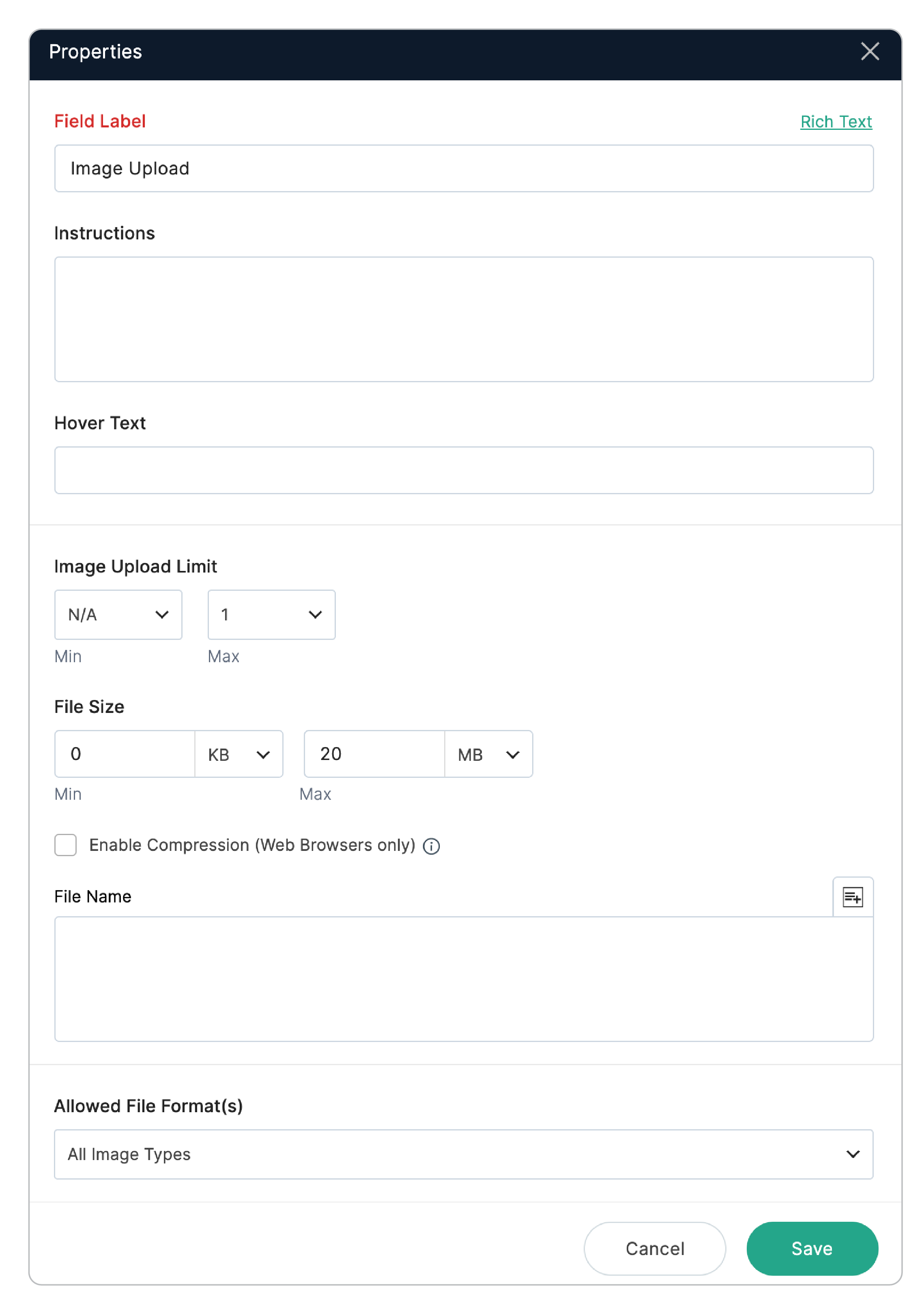 Image Upload Field Properties
