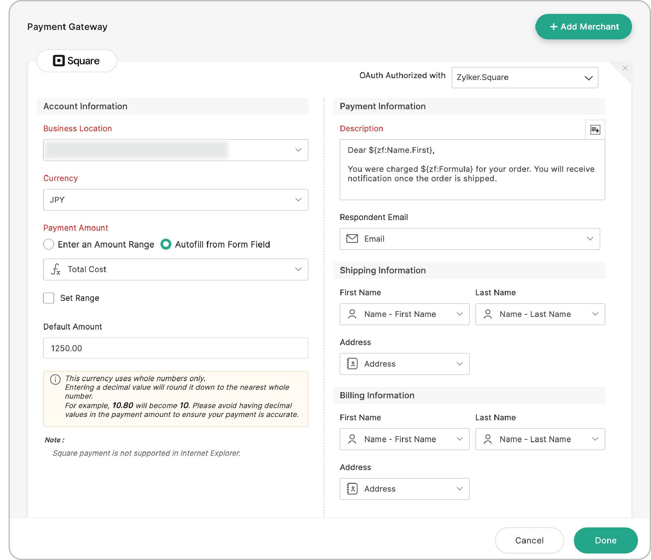 Payment gateway configuration