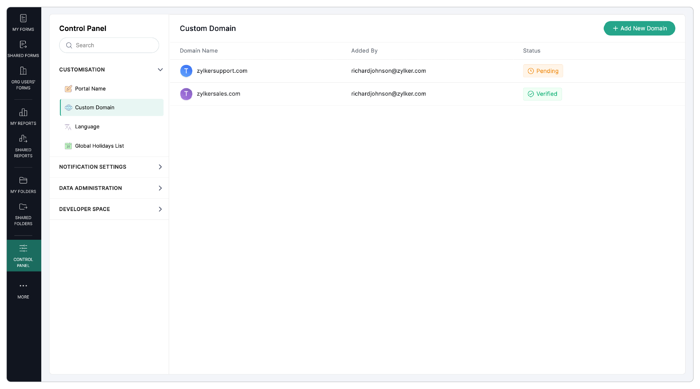List of custom domains and their verification status