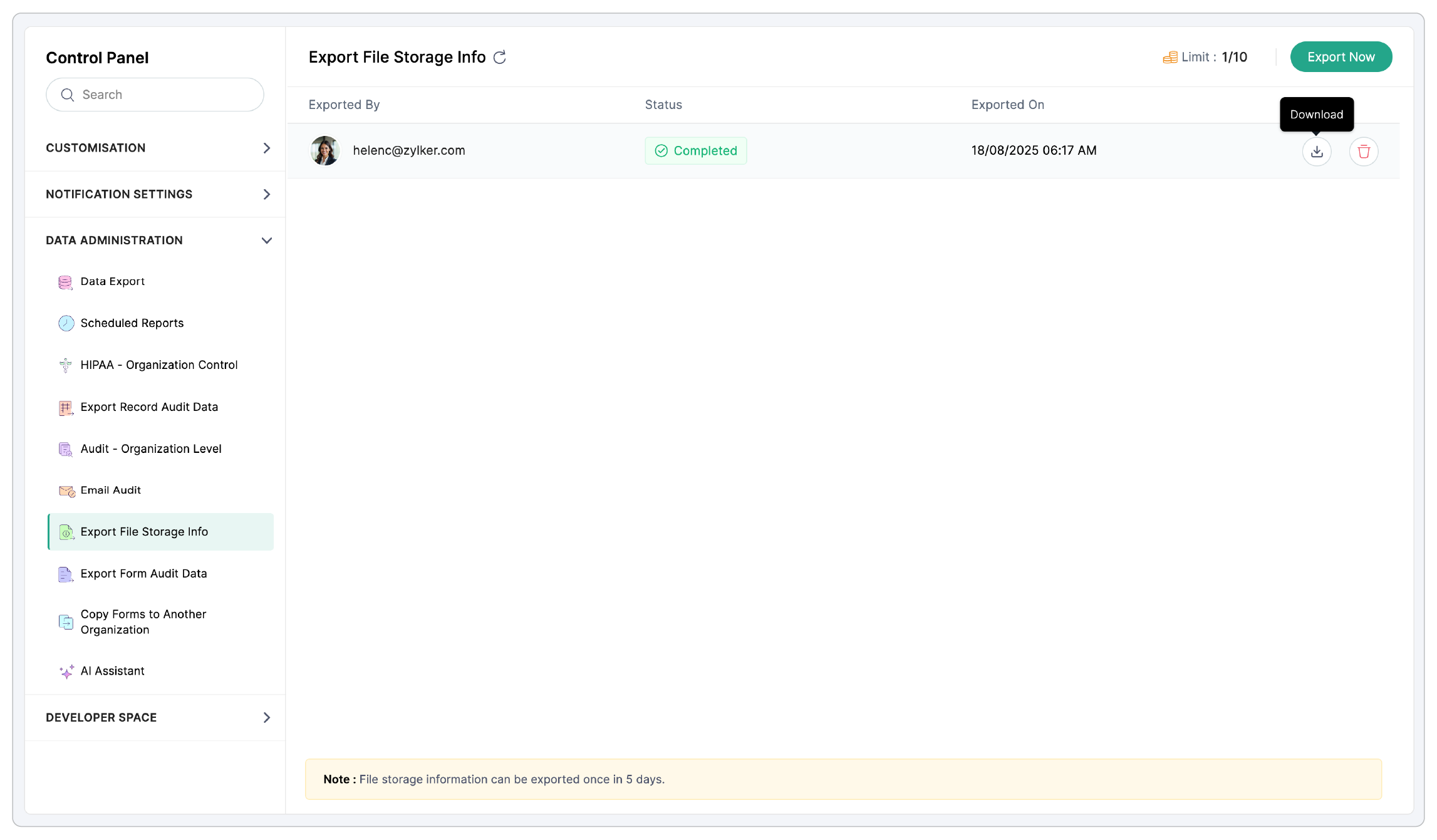 Download file storage info