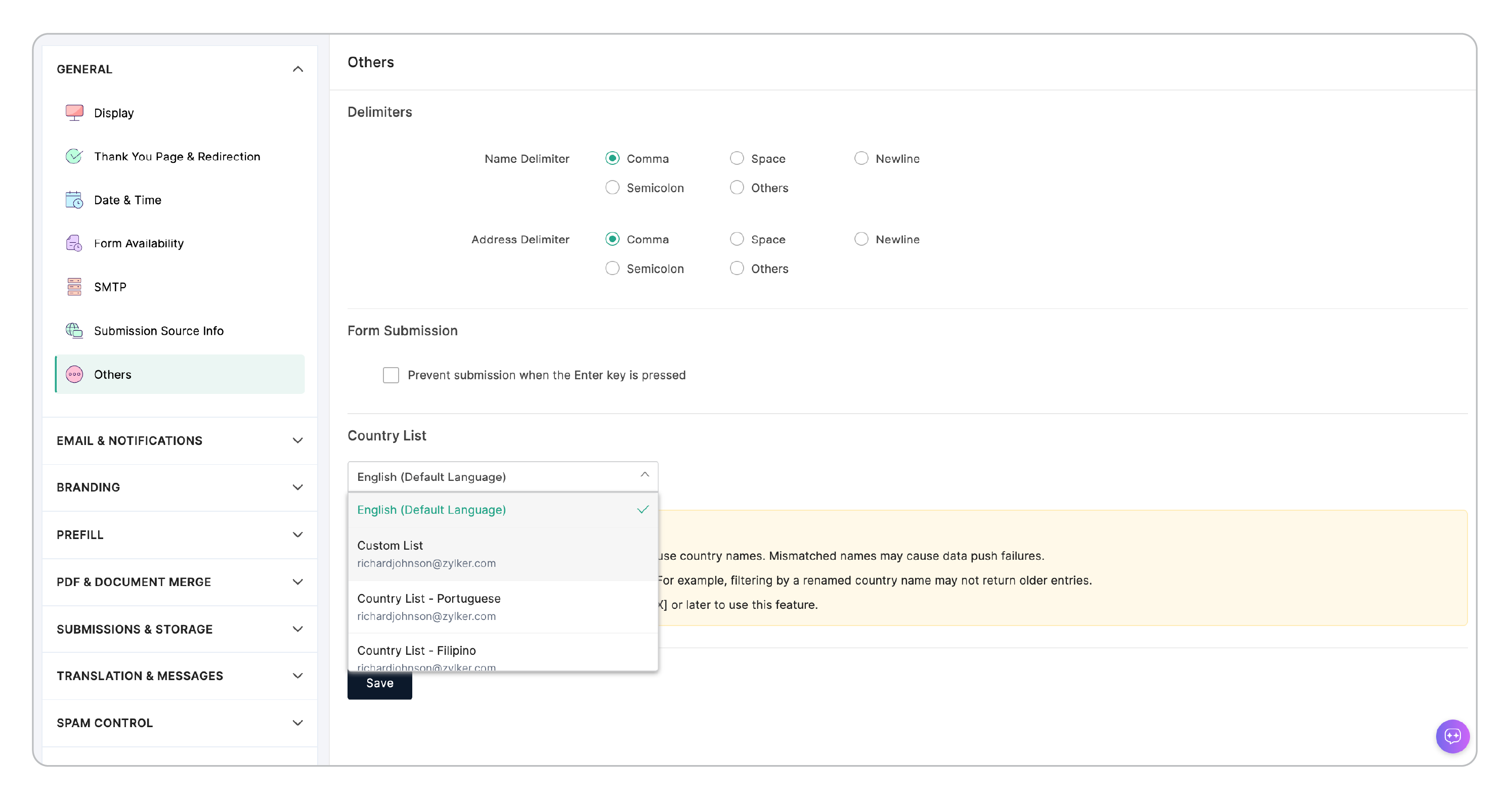 Enabling Country List 