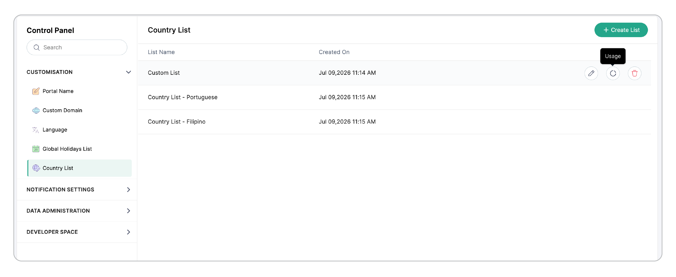 Viewing the usage of a Country List