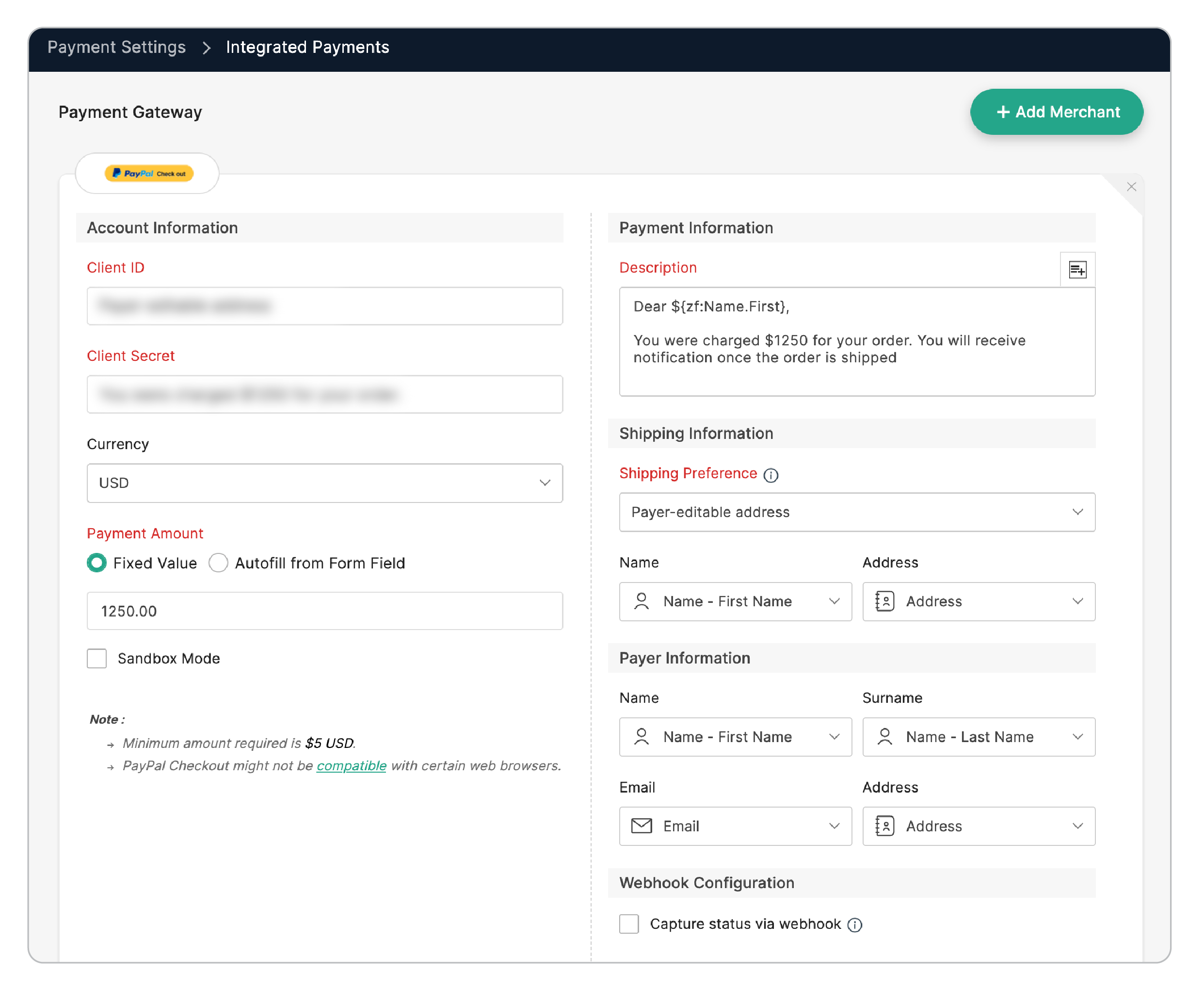 PayPal Checkout payment gateway configuration