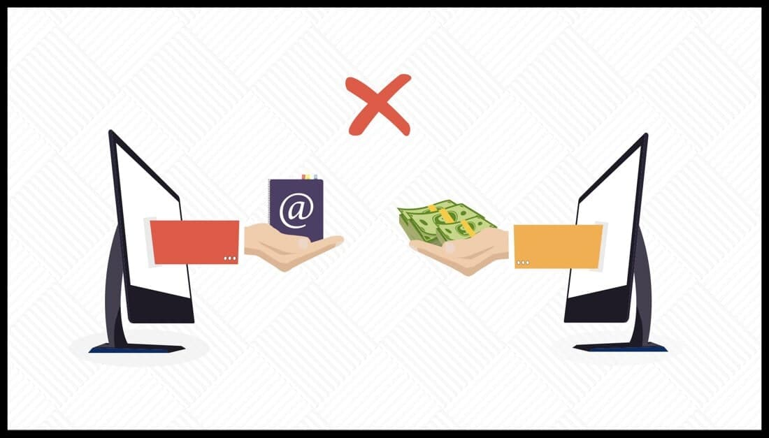 Two computer screens exchanging an address book for a stack of cash, with a red cross above, showing that buying a mailing list is a bad idea.