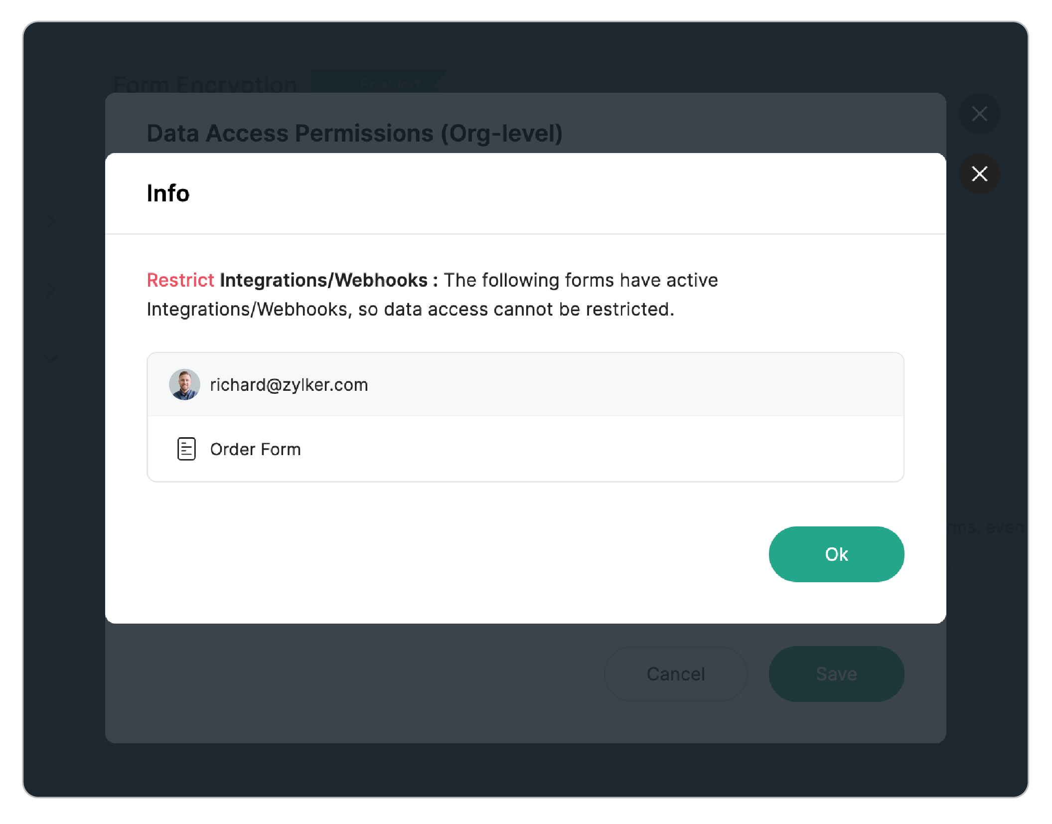 Integrations enabled forms restricting data access not allowed