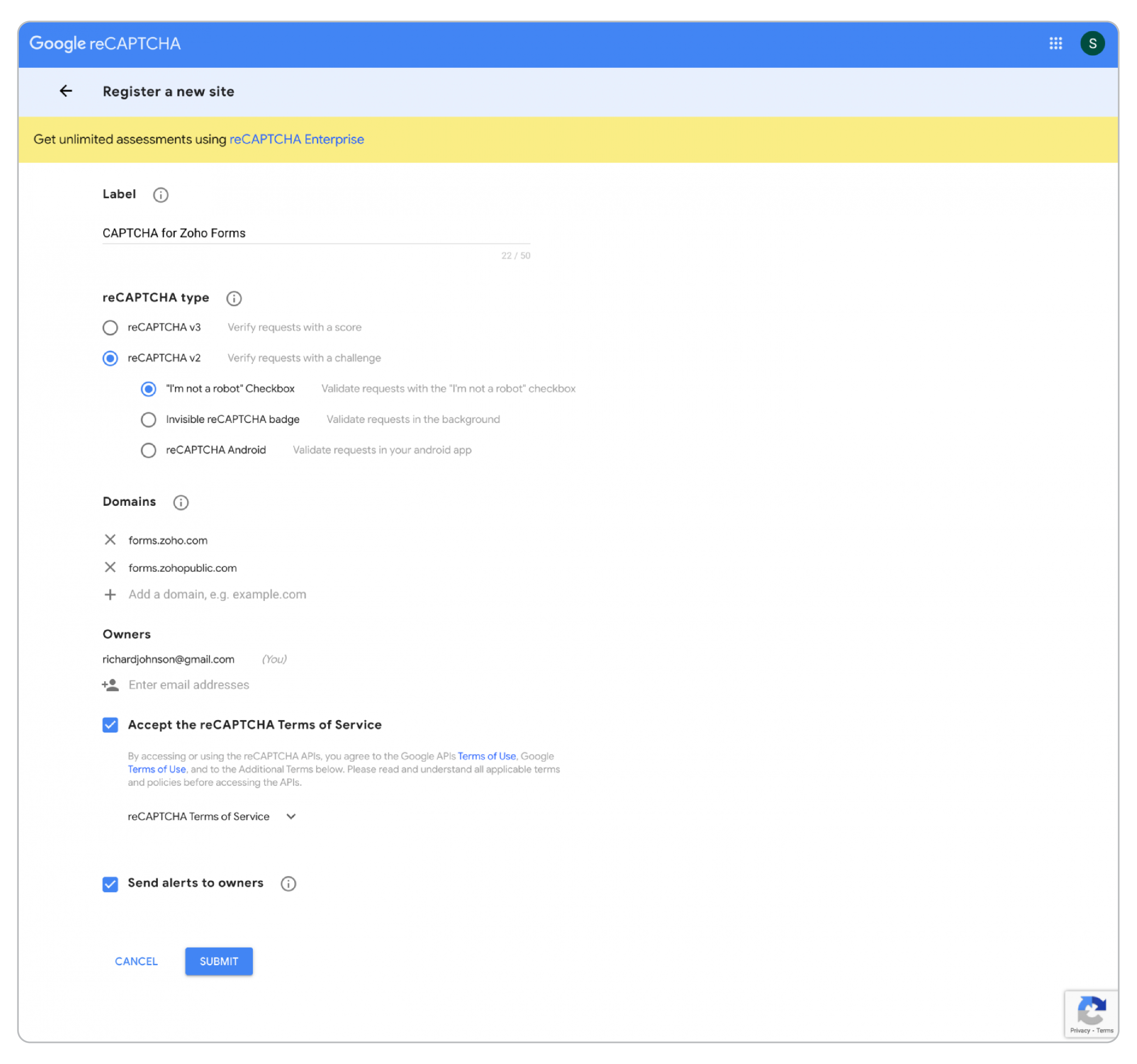 Obtain Google  reCAPTCHA API keys
