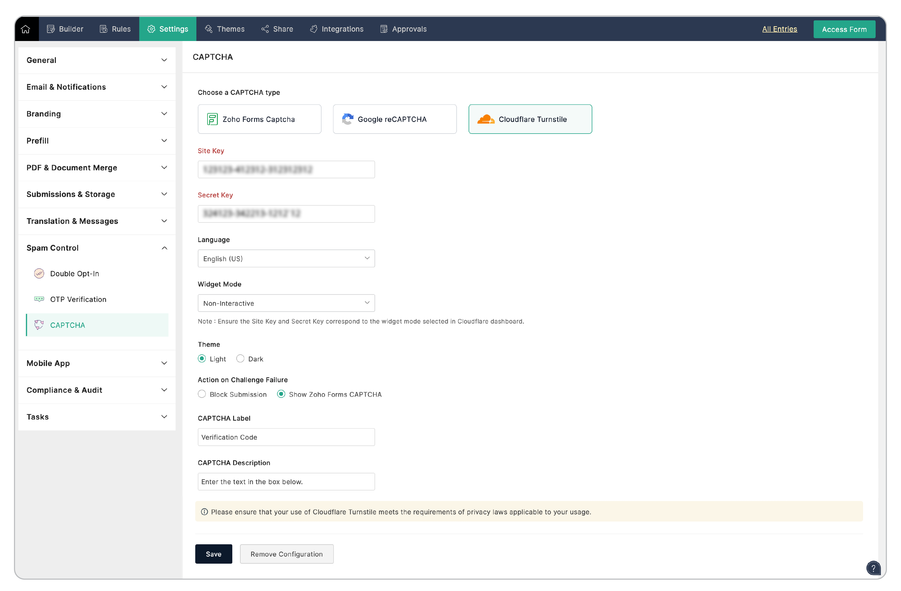 Configuring Cloudflare in forms