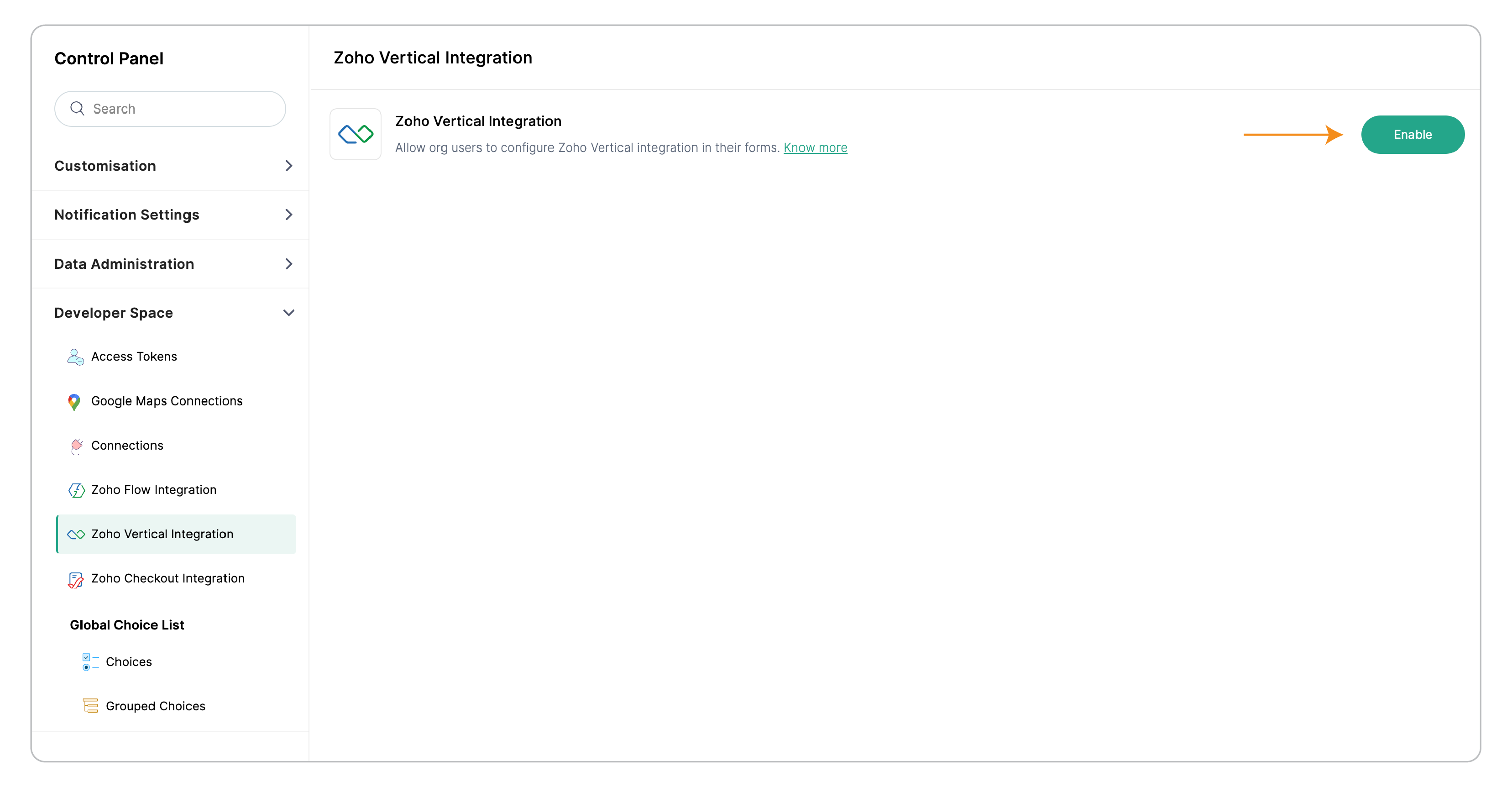 Enable Zoho Vertical Integration