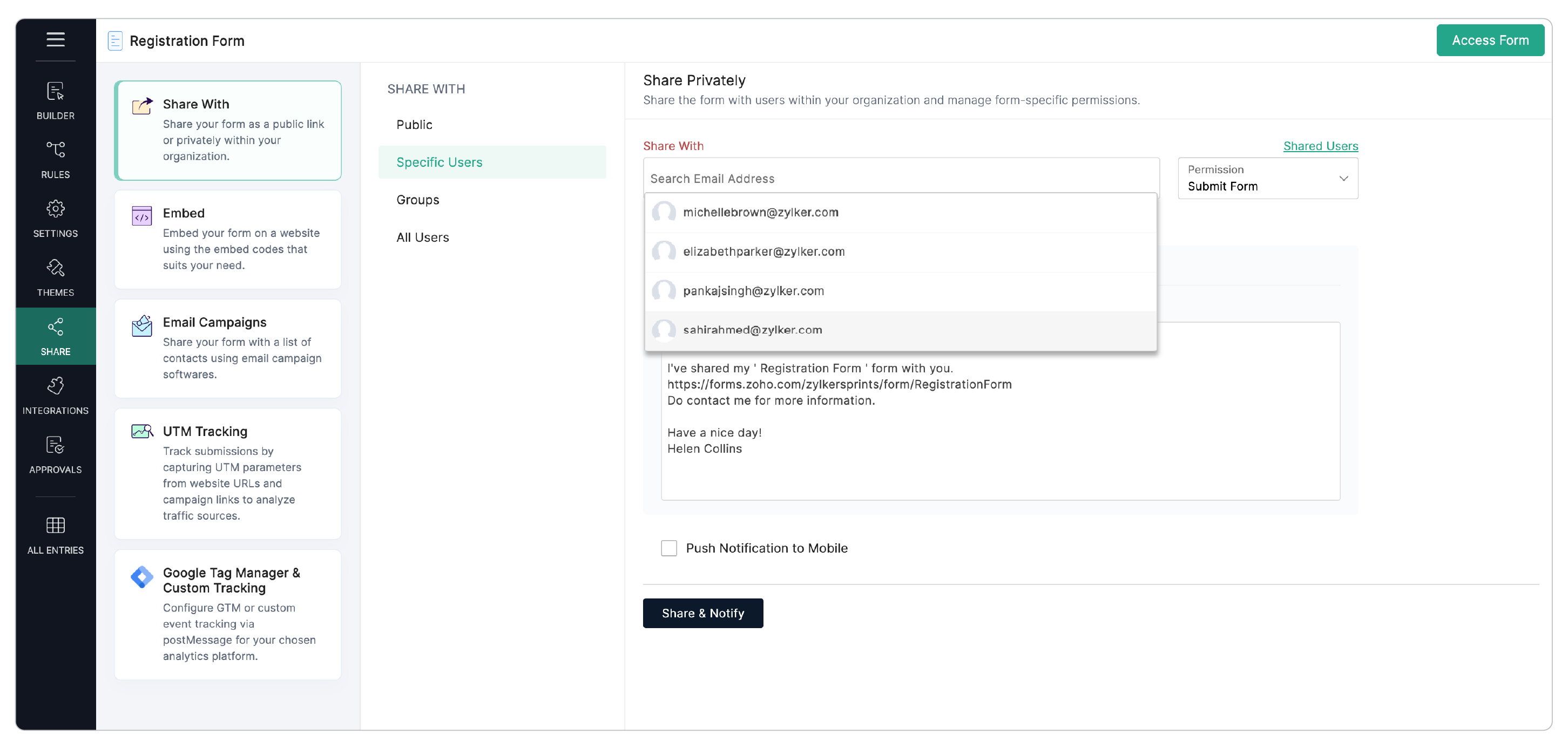 Share form privately