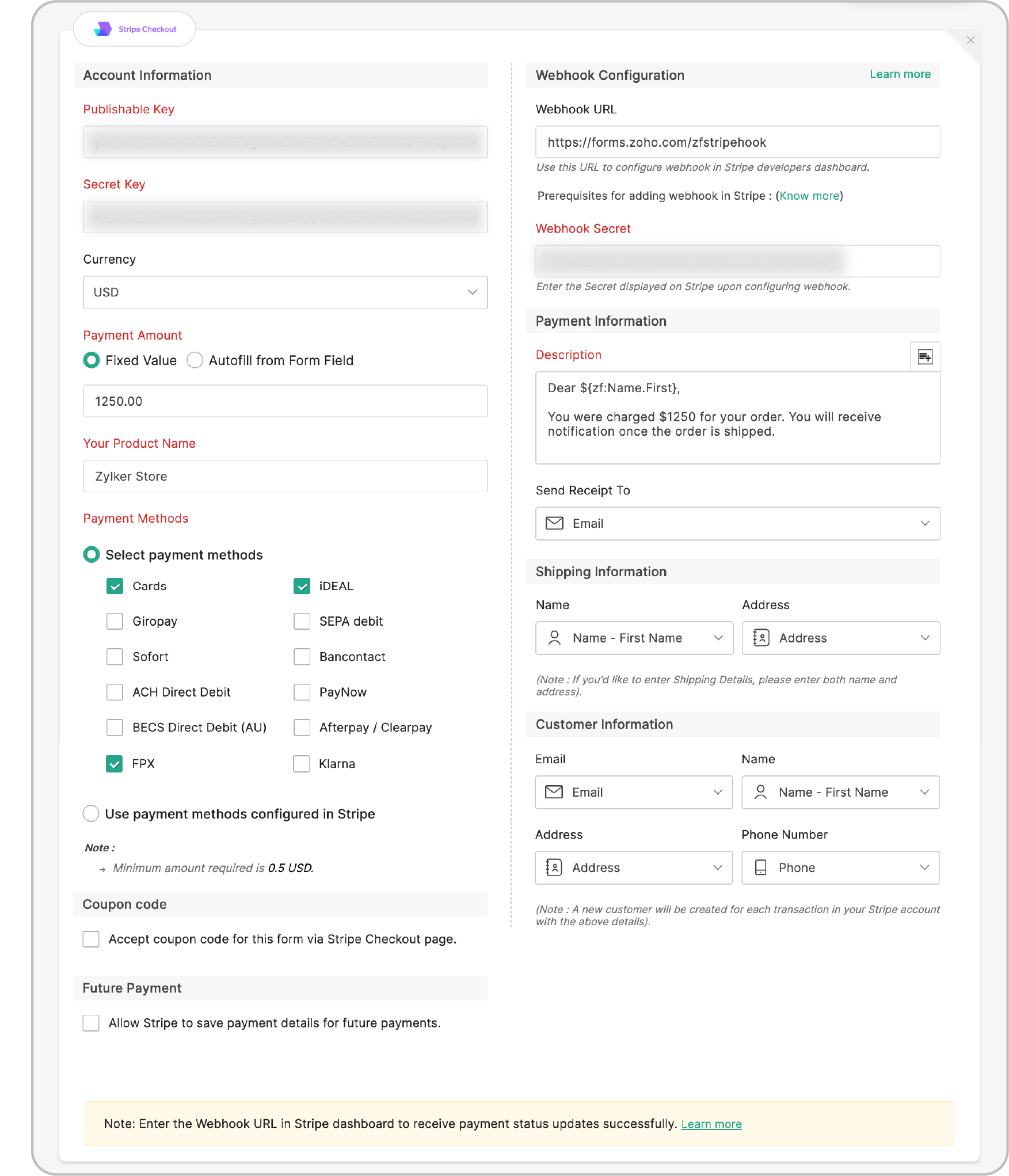 Stripe Checkout payment gateway configuration