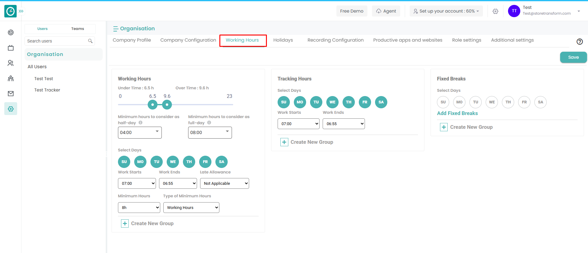 Organization Level Working hours configuration