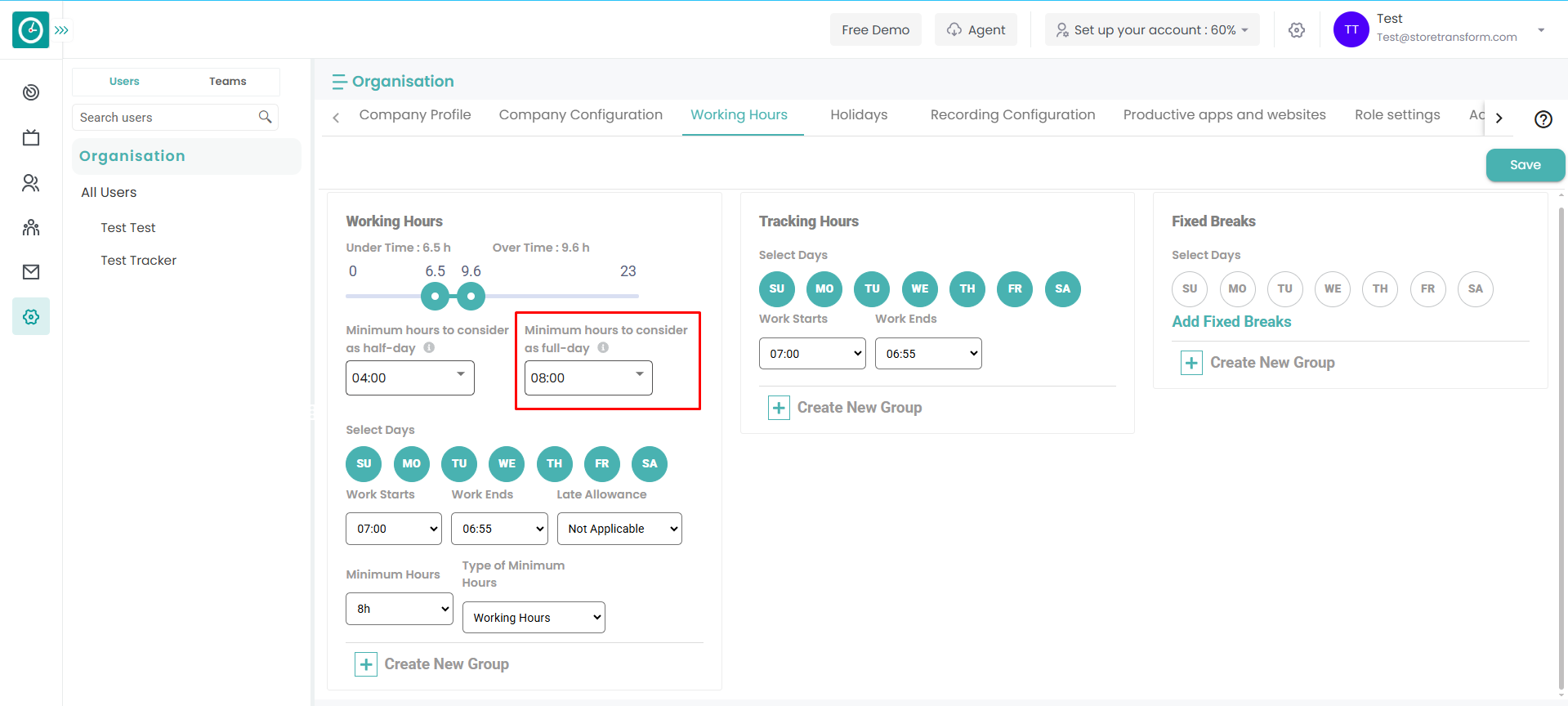 Organization Level Working hours configuration