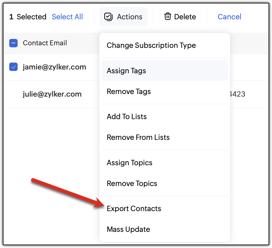 Exporting single contact from list view page.