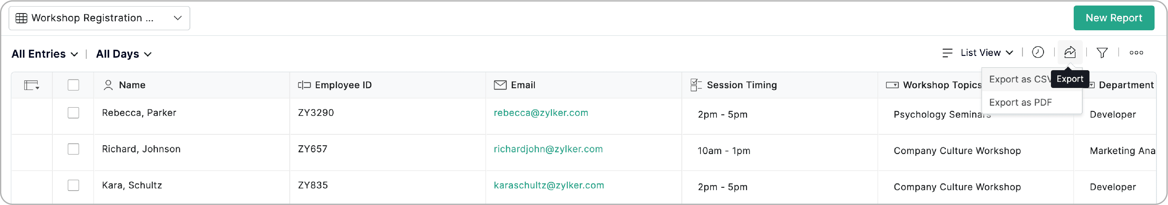 Export as CSV or PDF