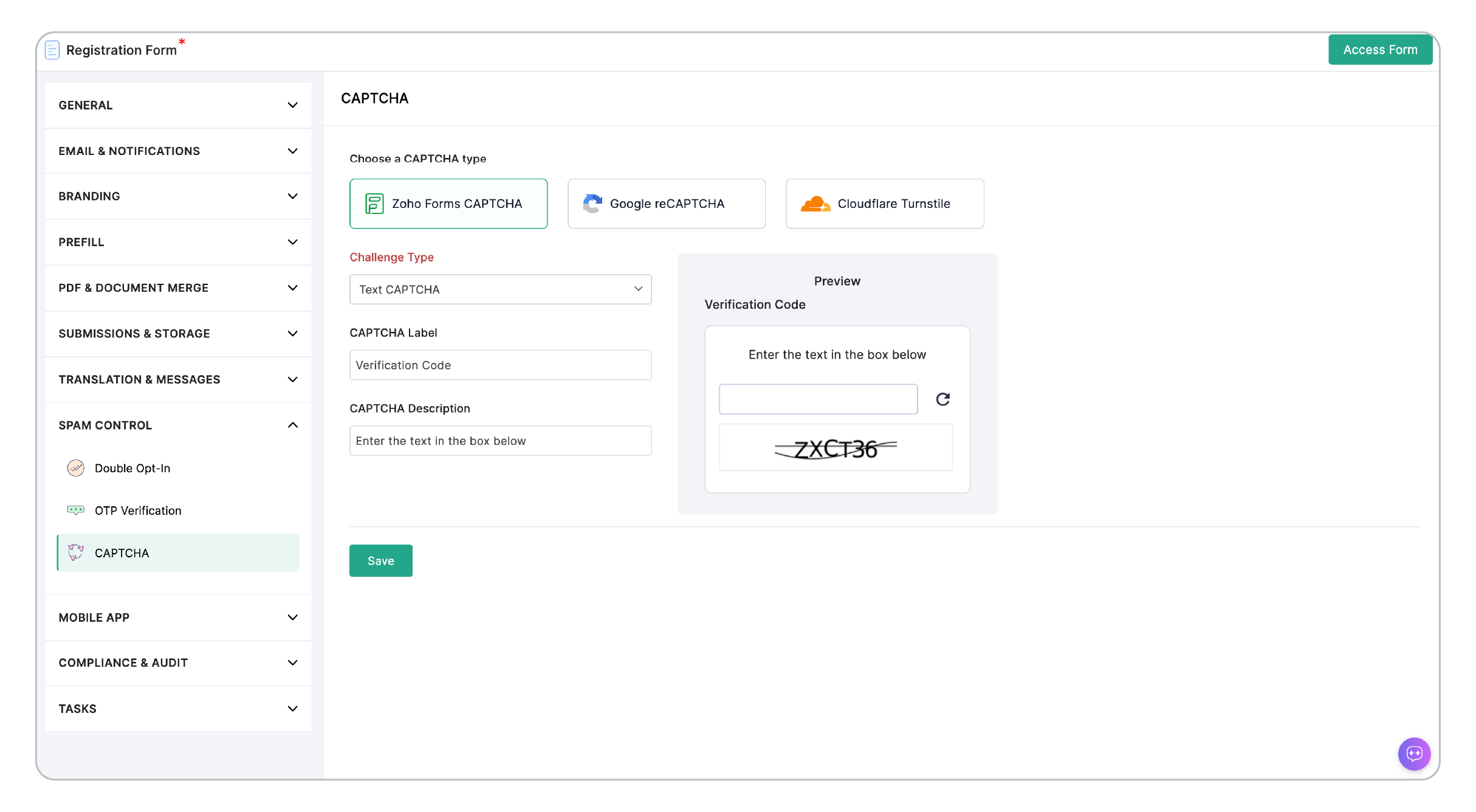 Zoho Forms CAPTCHA