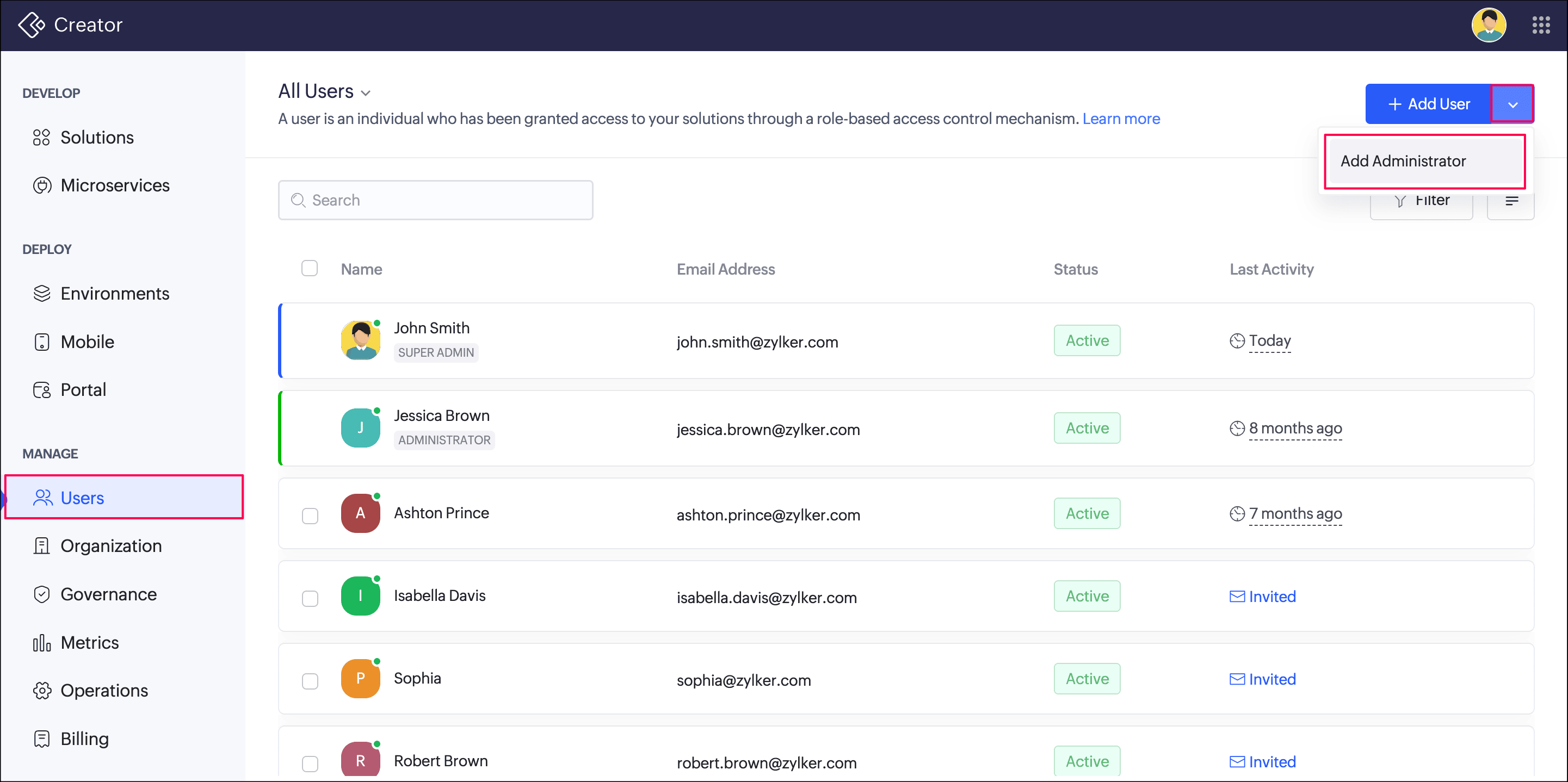 Zoho Creator Users page under the Manage section, with the down arrow beside the Add User button expanded to show the Add Administrator option