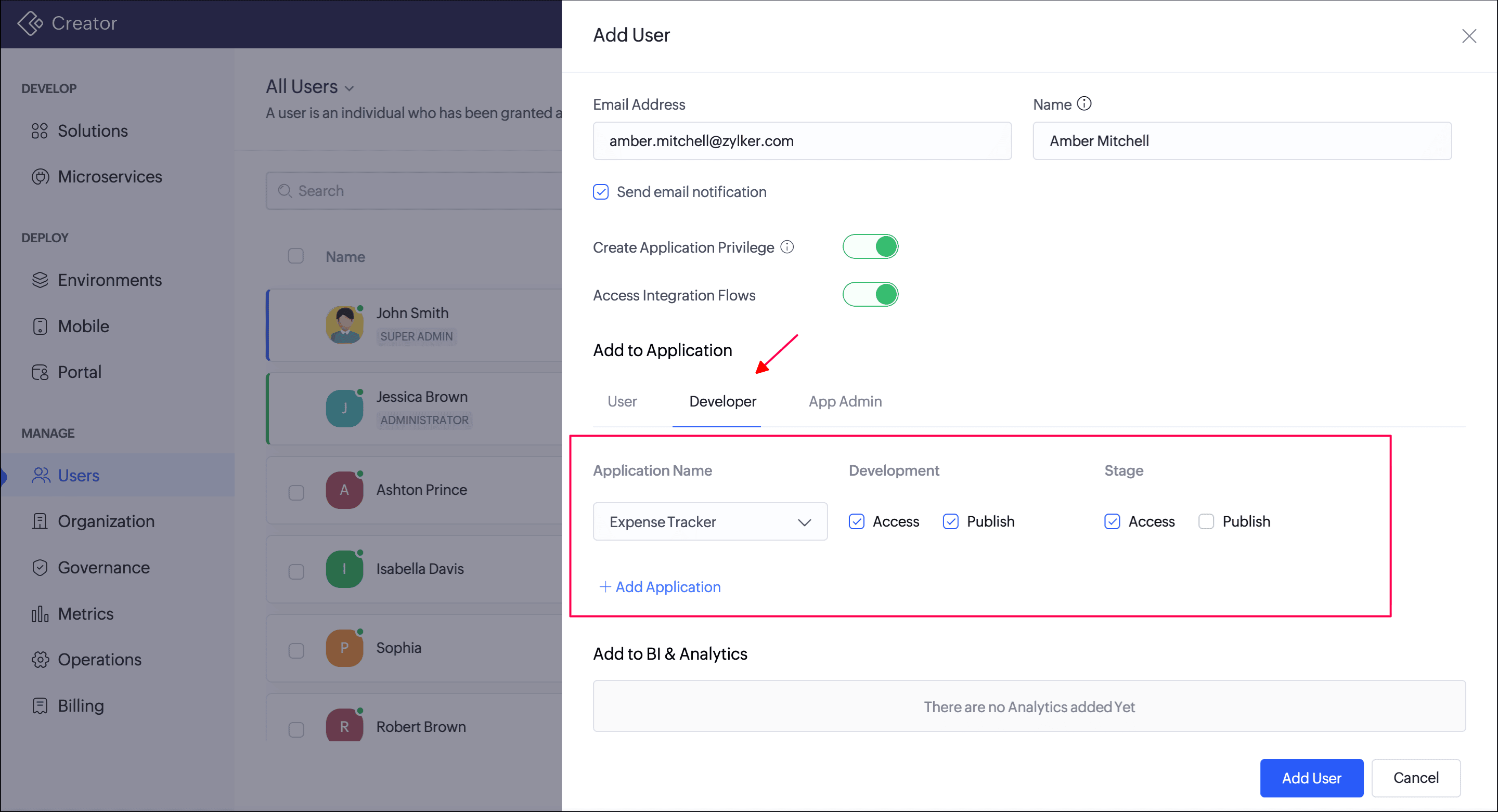 Developer tab in the Add User pane of Zoho Creator, with an application selected and Access and Publish permission checkboxes for the Development and Stage environments