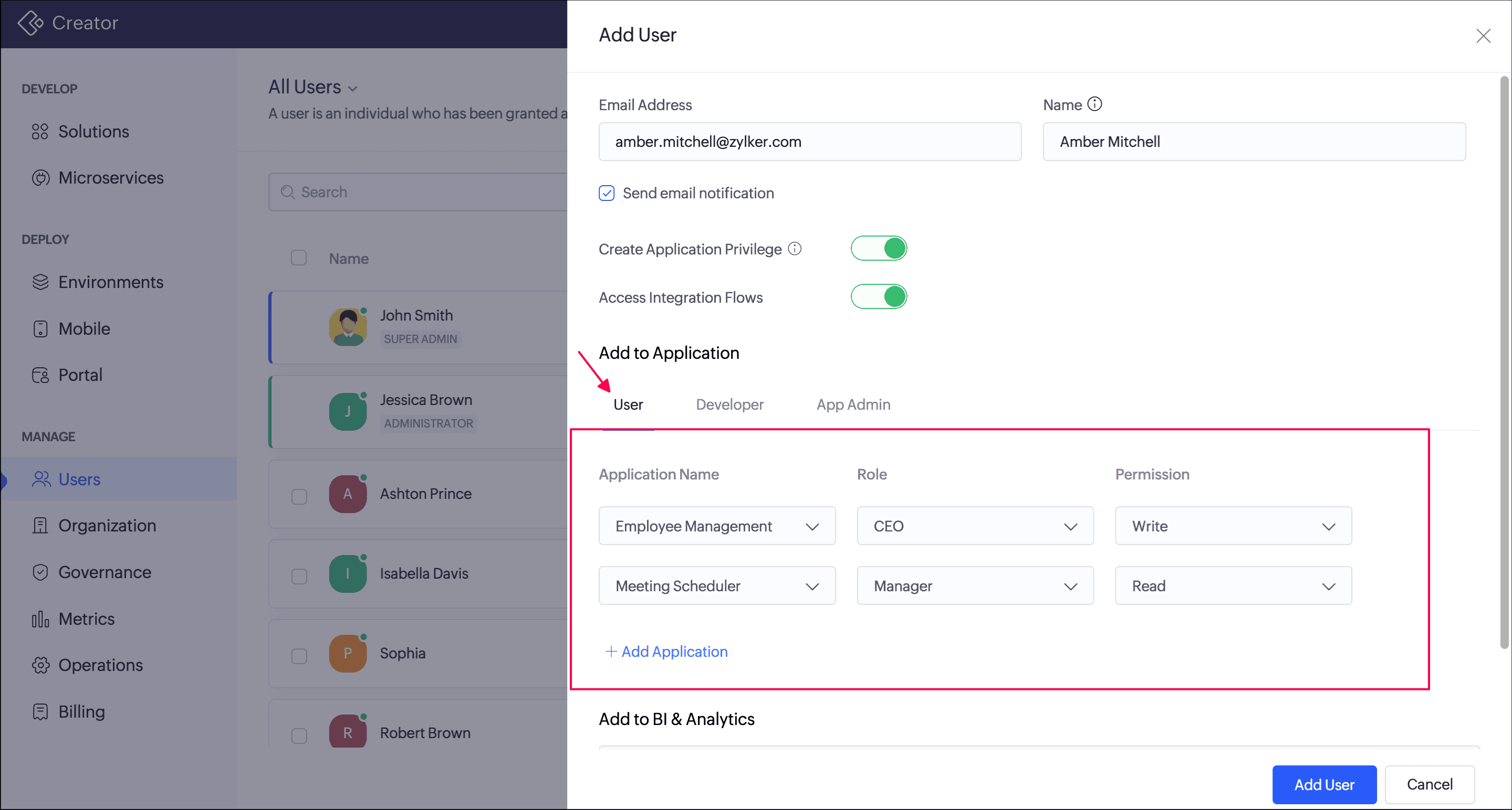 User tab in the Add User pane of Zoho Creator for adding a live user, with Application Name, Role, and Permission dropdowns set for two applications and the Add Application link below