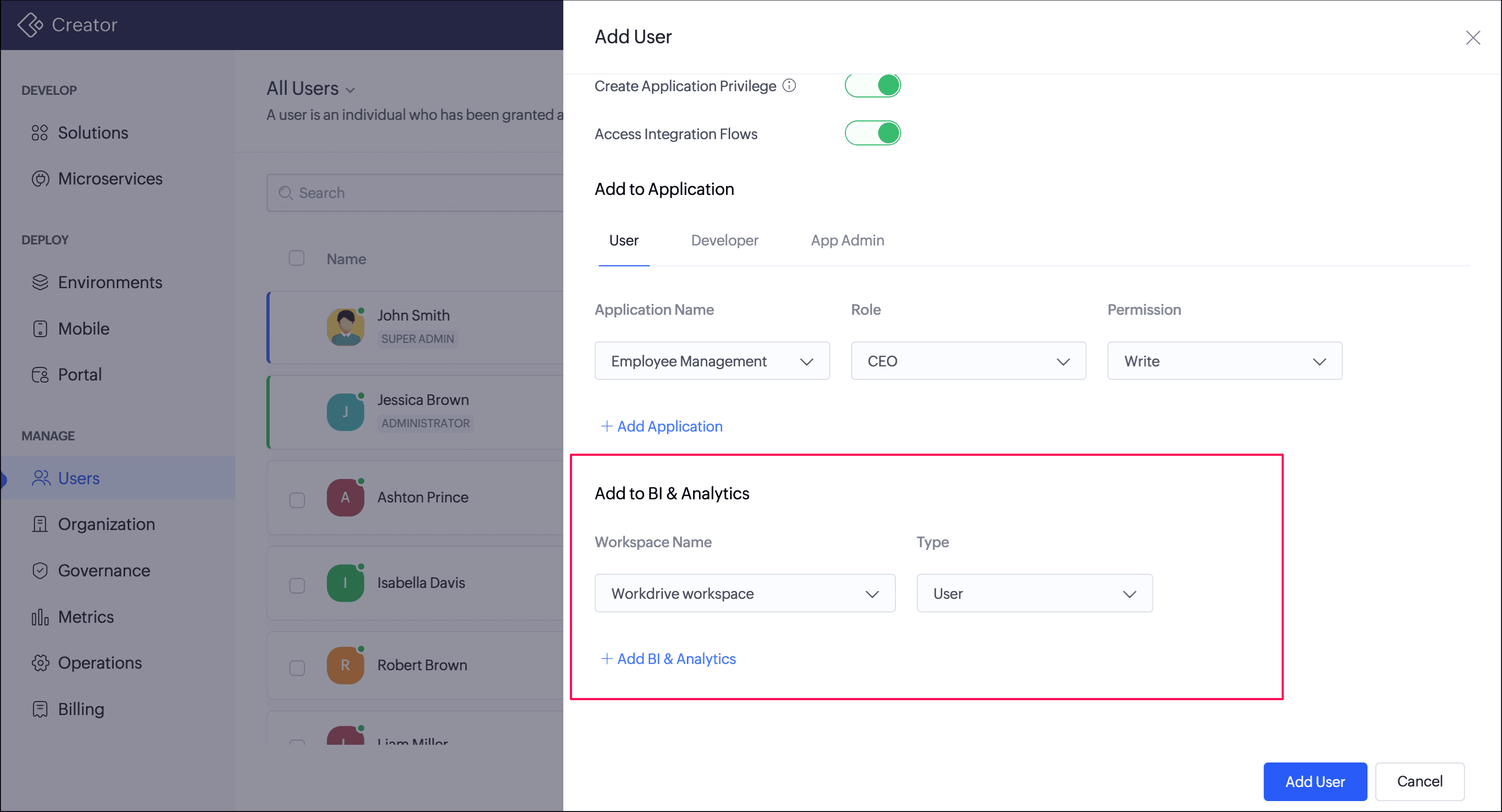 Add to BI & Analytics section in the Add User pane of Zoho Creator, with the Workspace Name and Type dropdowns and the Add BI & Analytics link