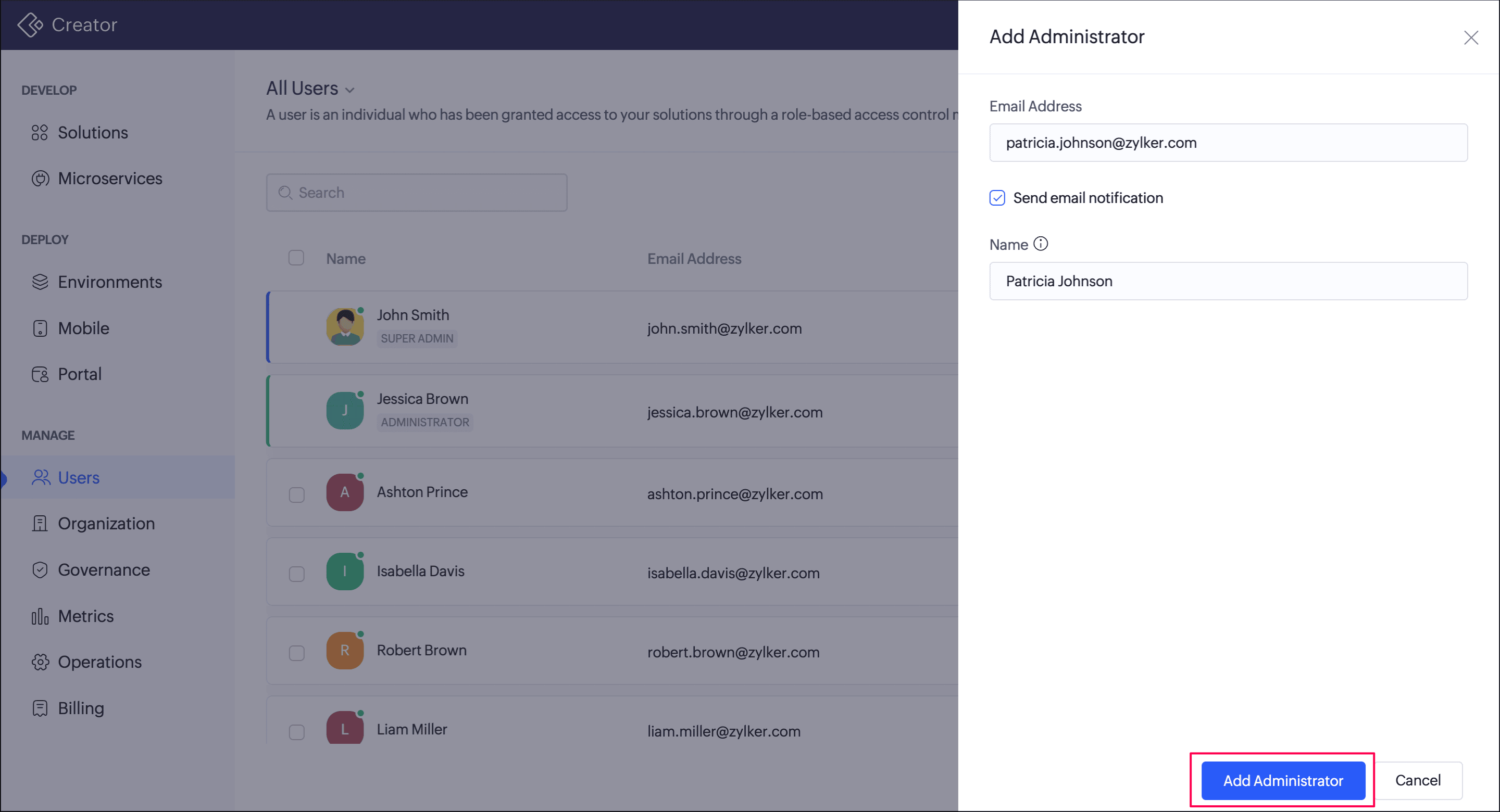 Add Administrator pane in Zoho Creator with the Email Address field, Send email notification checkbox selected, Name field, and Add Administrator button