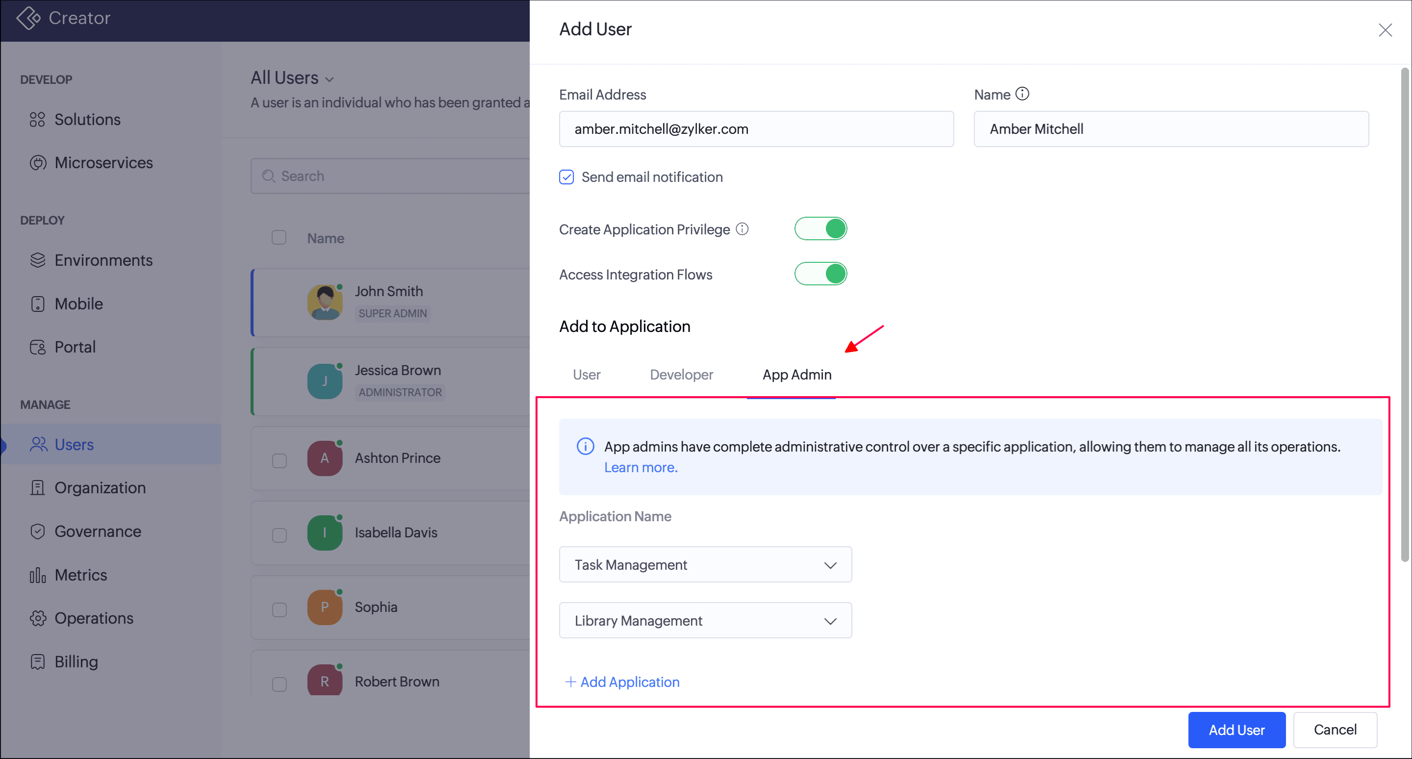 App Admin tab in the Add User pane of Zoho Creator, with two applications selected to assign the user as app admin and the Add Application link below