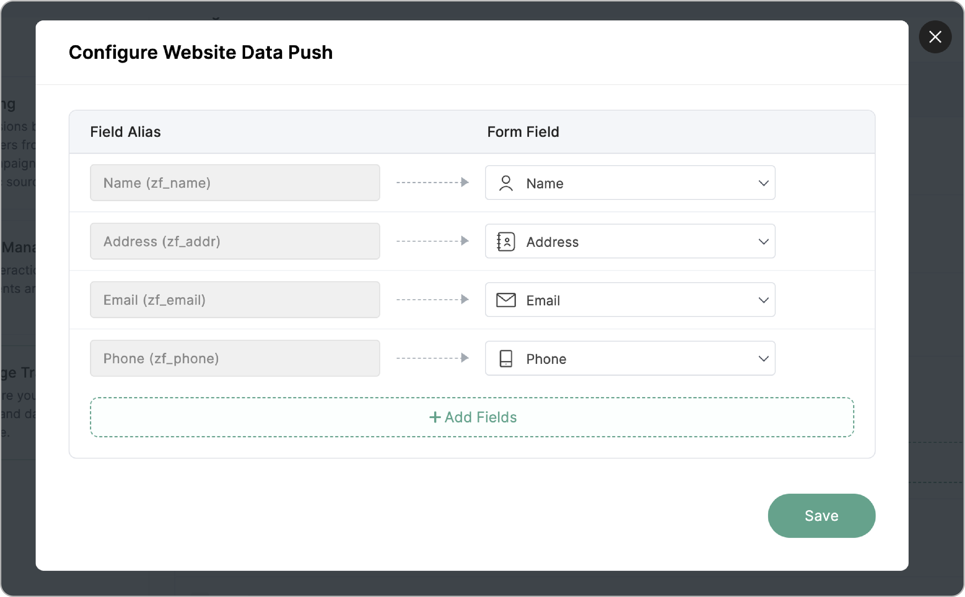 Configure website data push