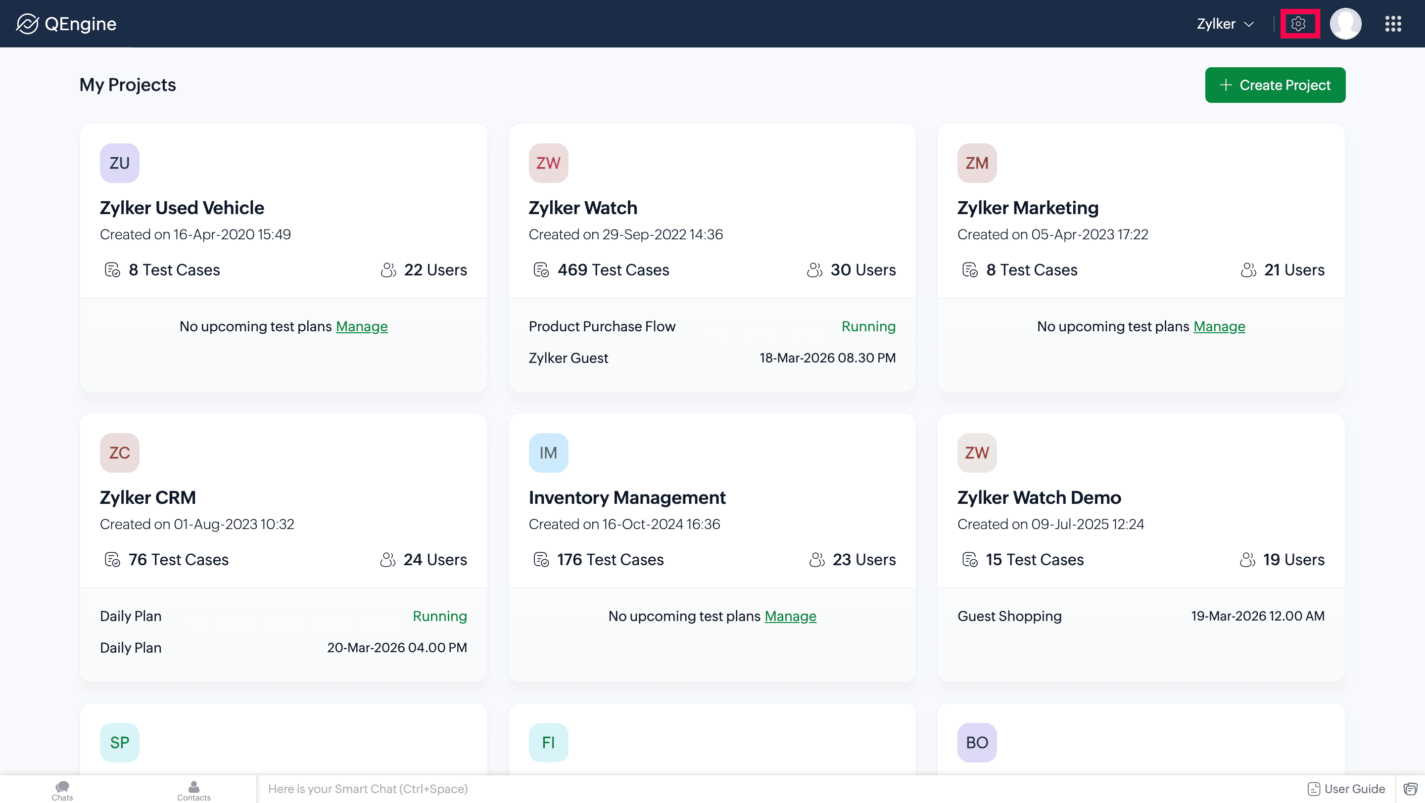 Setup option in the home page of your Zoho QEngine portal
