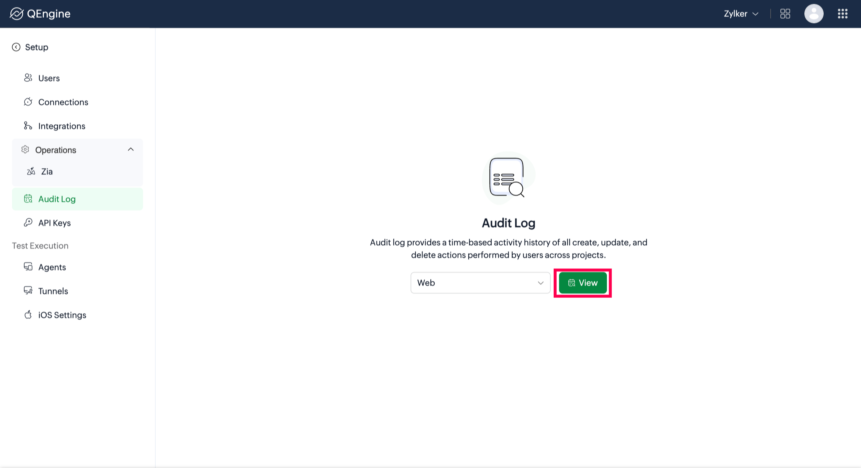 Project selection dropdown on the Audit Log page with the View button