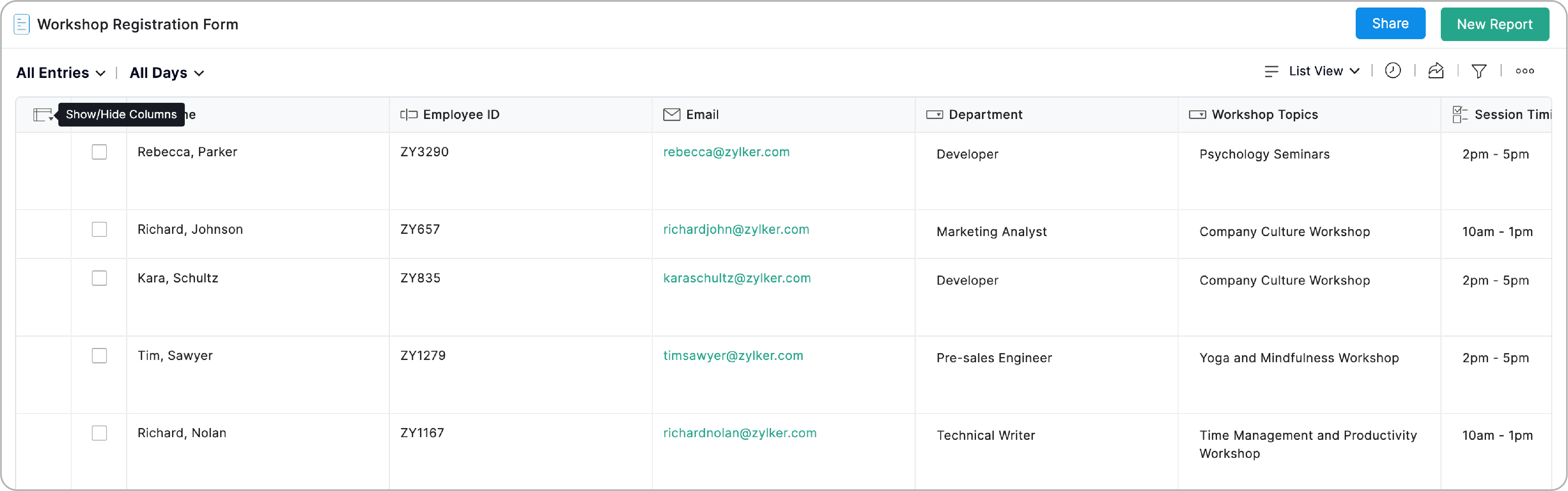 show or hide columns in all entries