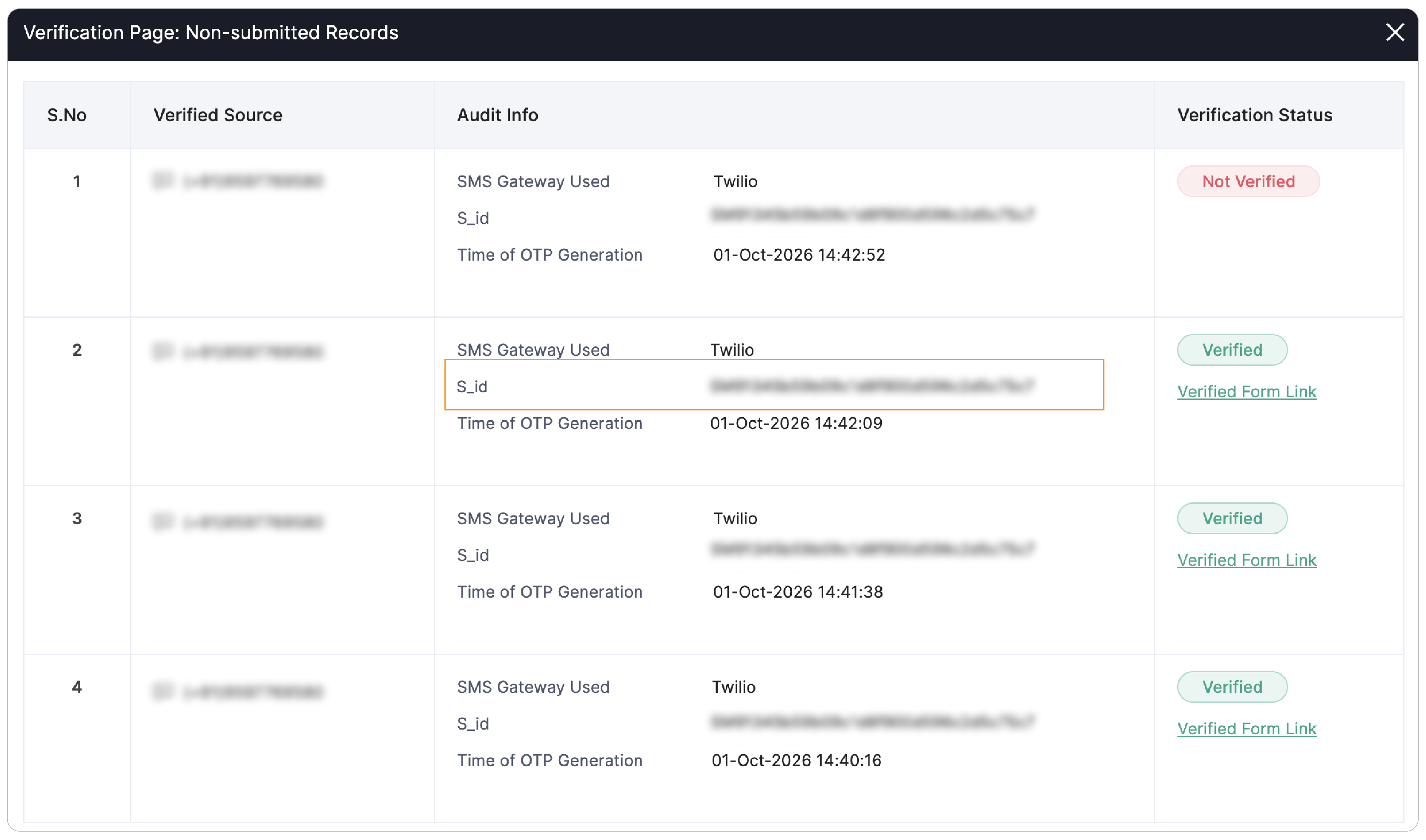 SMS audit info