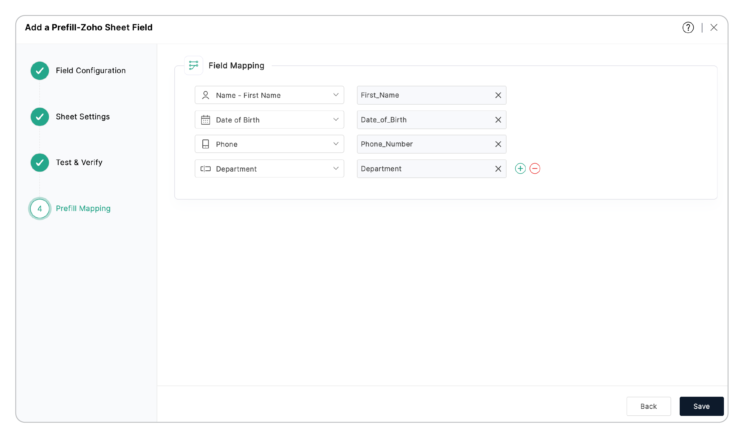 Complete the Prefill-Zoho Sheet field configuration