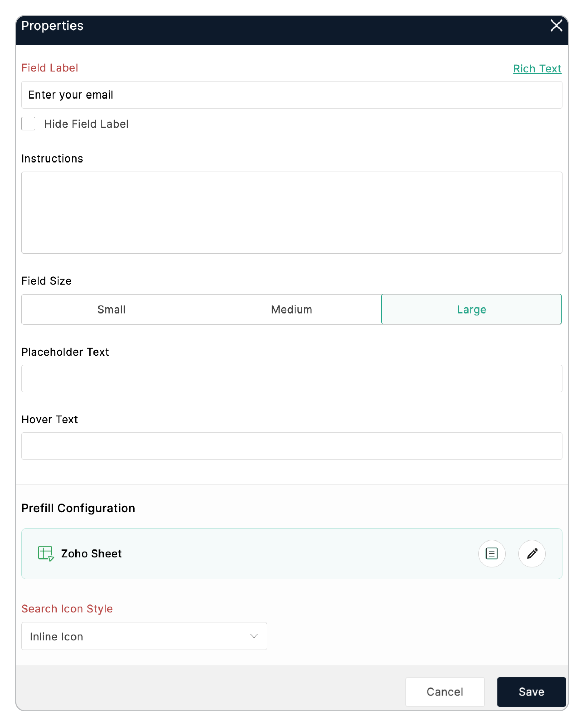 Prefill-Zoho Sheet Field Properties
