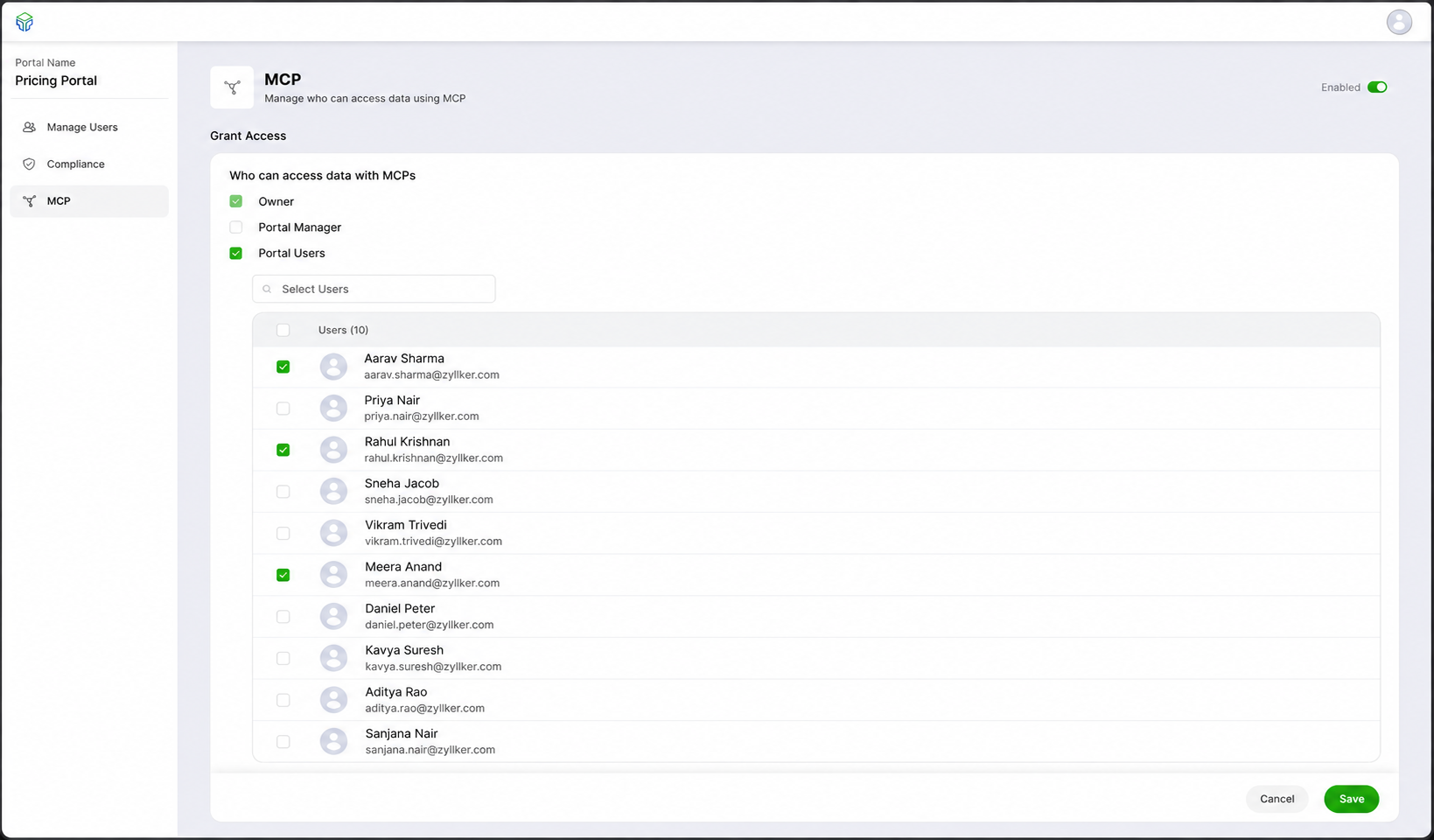 Zoho Tables MCP Portal Users