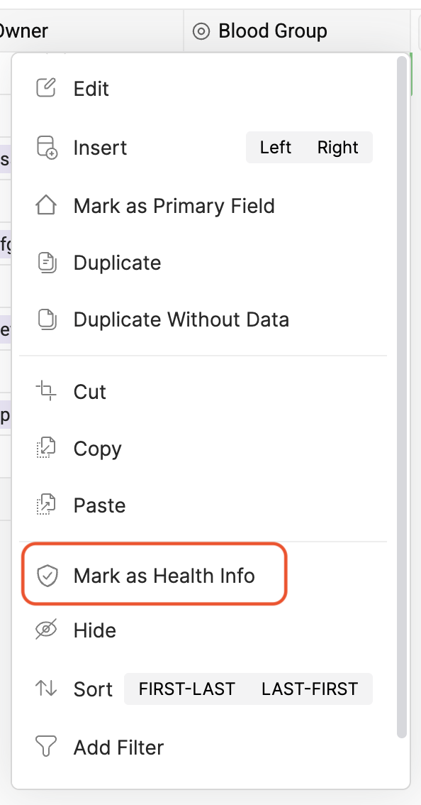 Zoho Tables Health Info Configuration