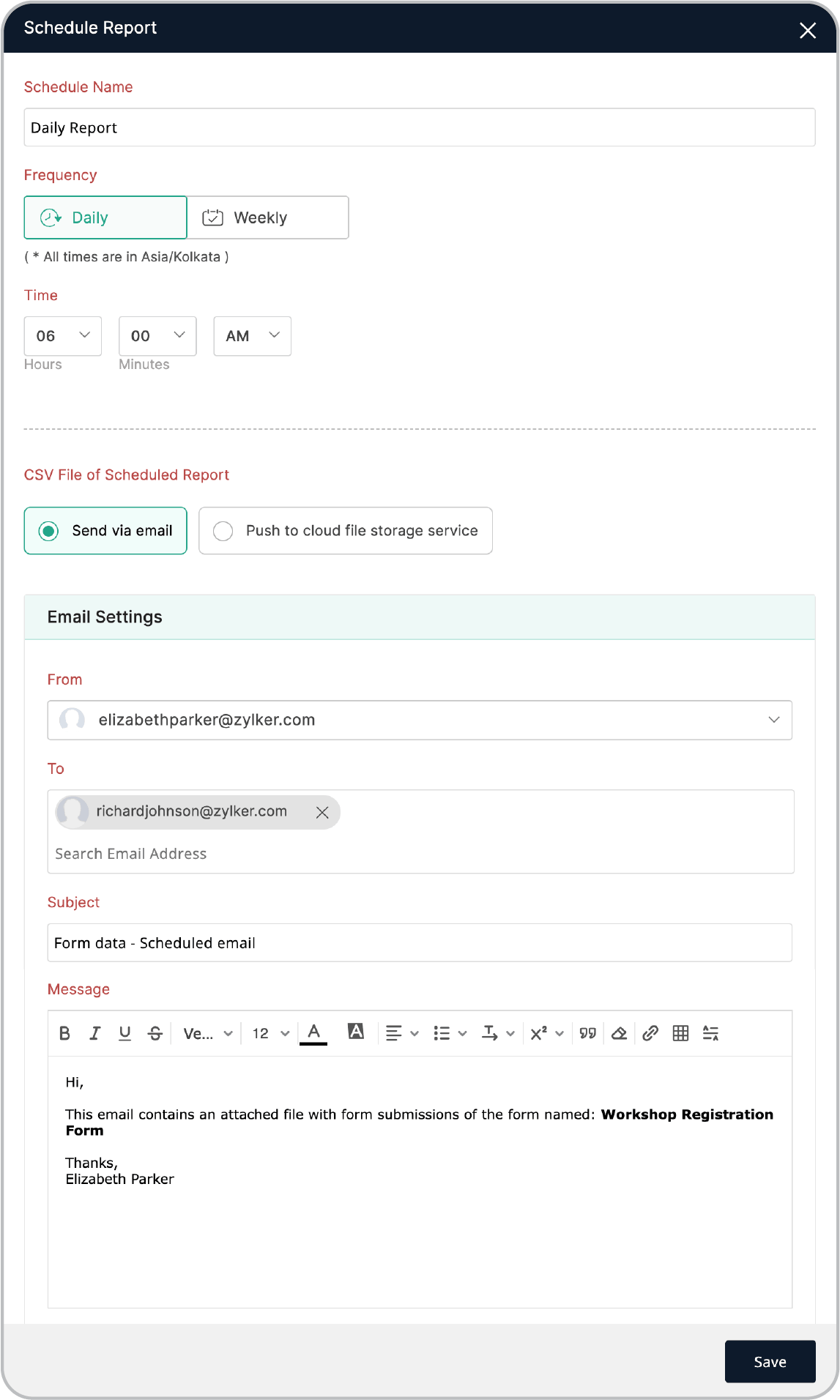 Send CSV file of scheduled report via email