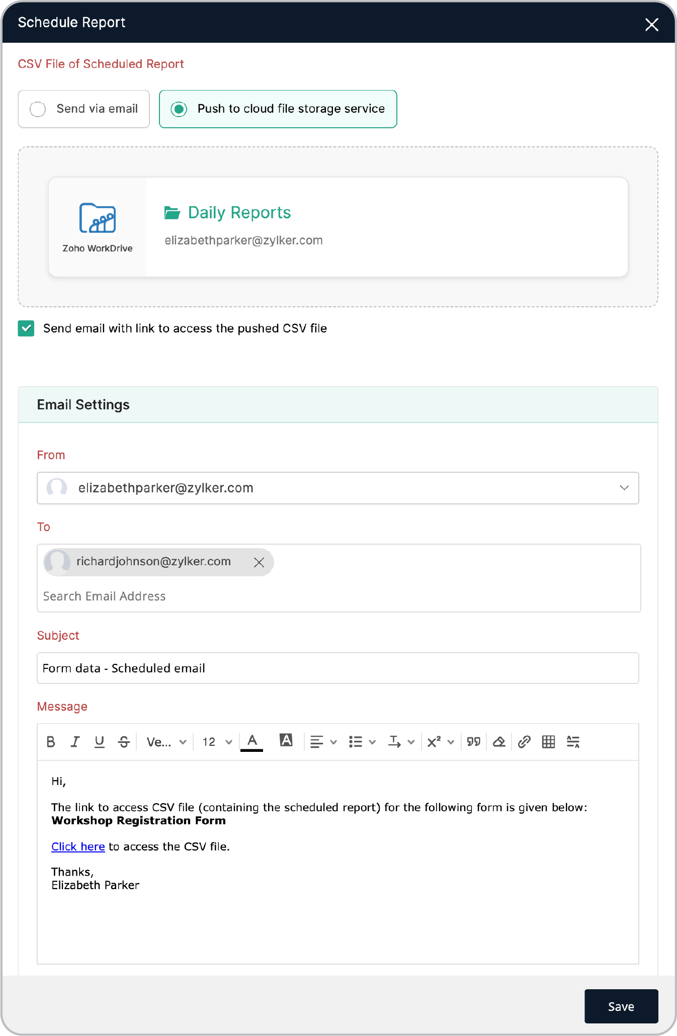 Send CSV file of scheduled report to cloud file storage service