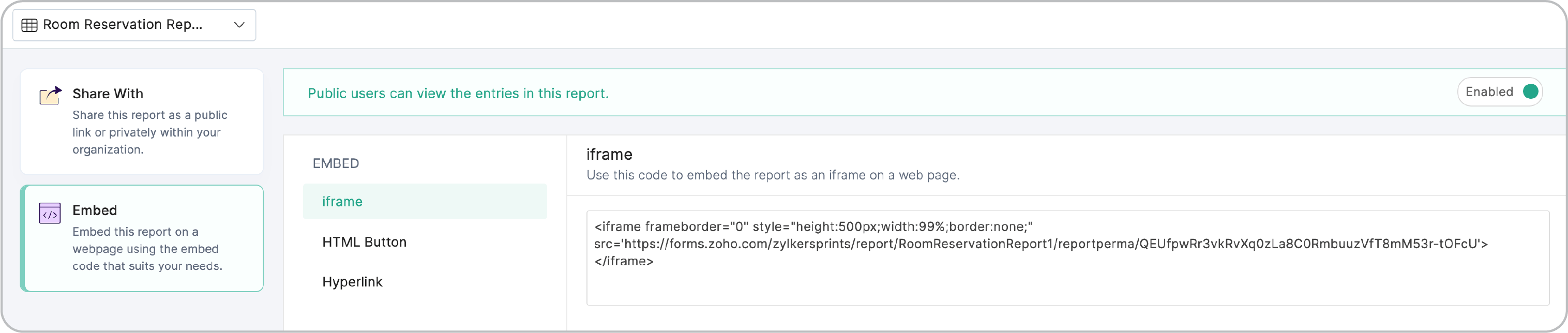 Report embed options