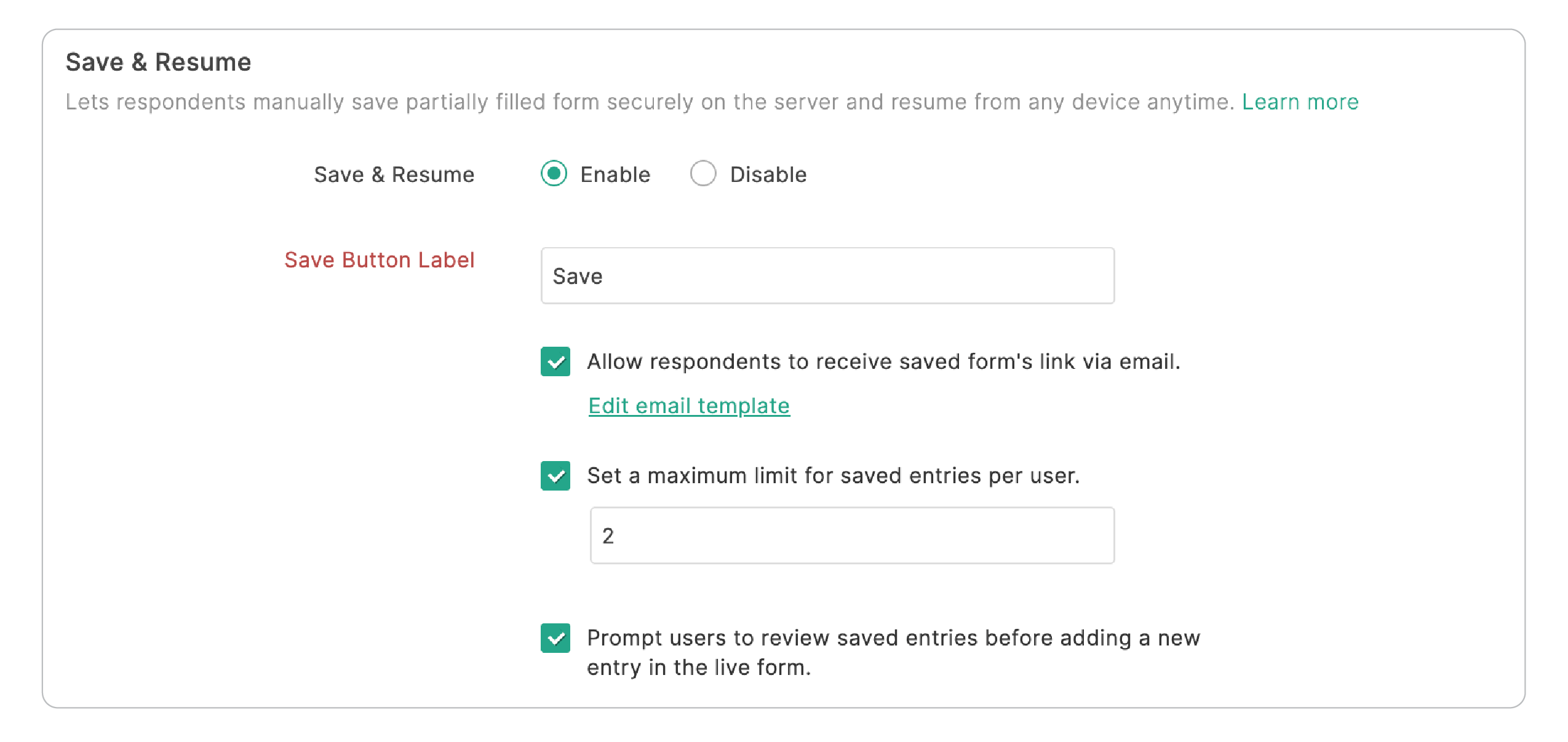 Set limit for saved entries per user