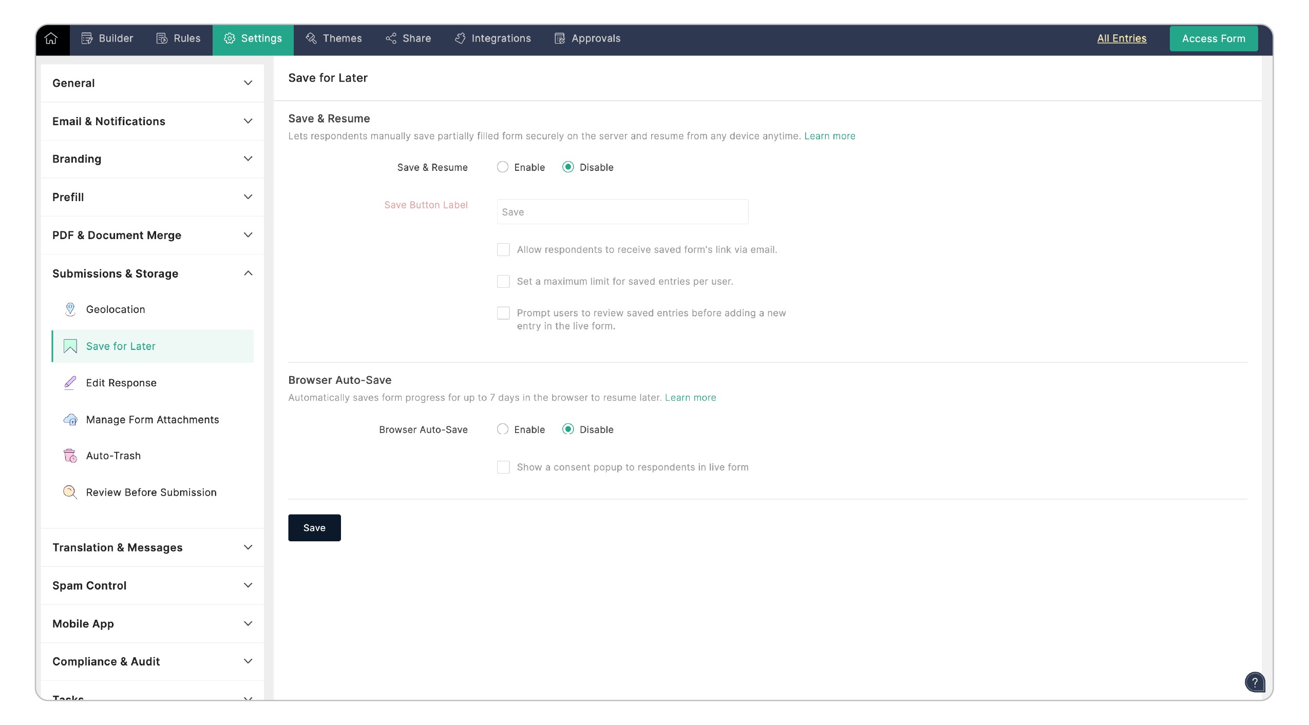 Enable Save & Resume