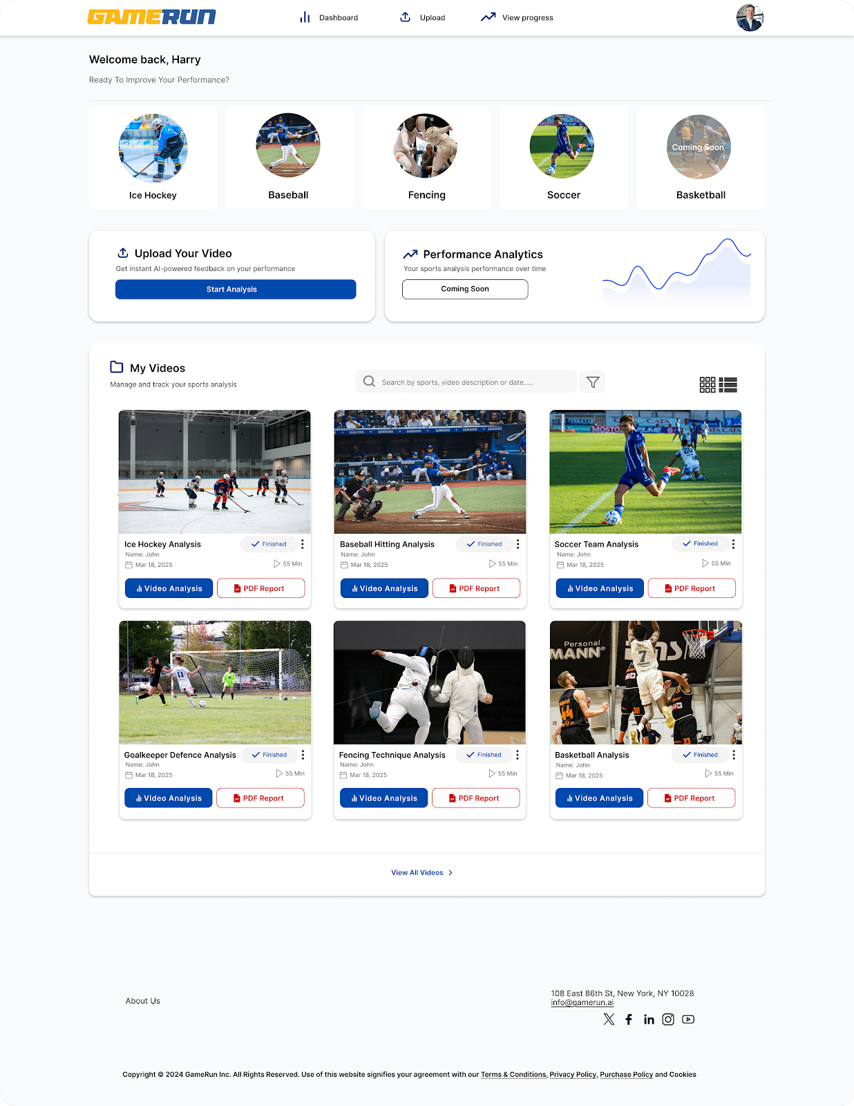 Screenshot of a sports analysis dashboard for GameRun with options for ice hockey, baseball, fencing, soccer, and basketball, showing video analysis of various sports activities.