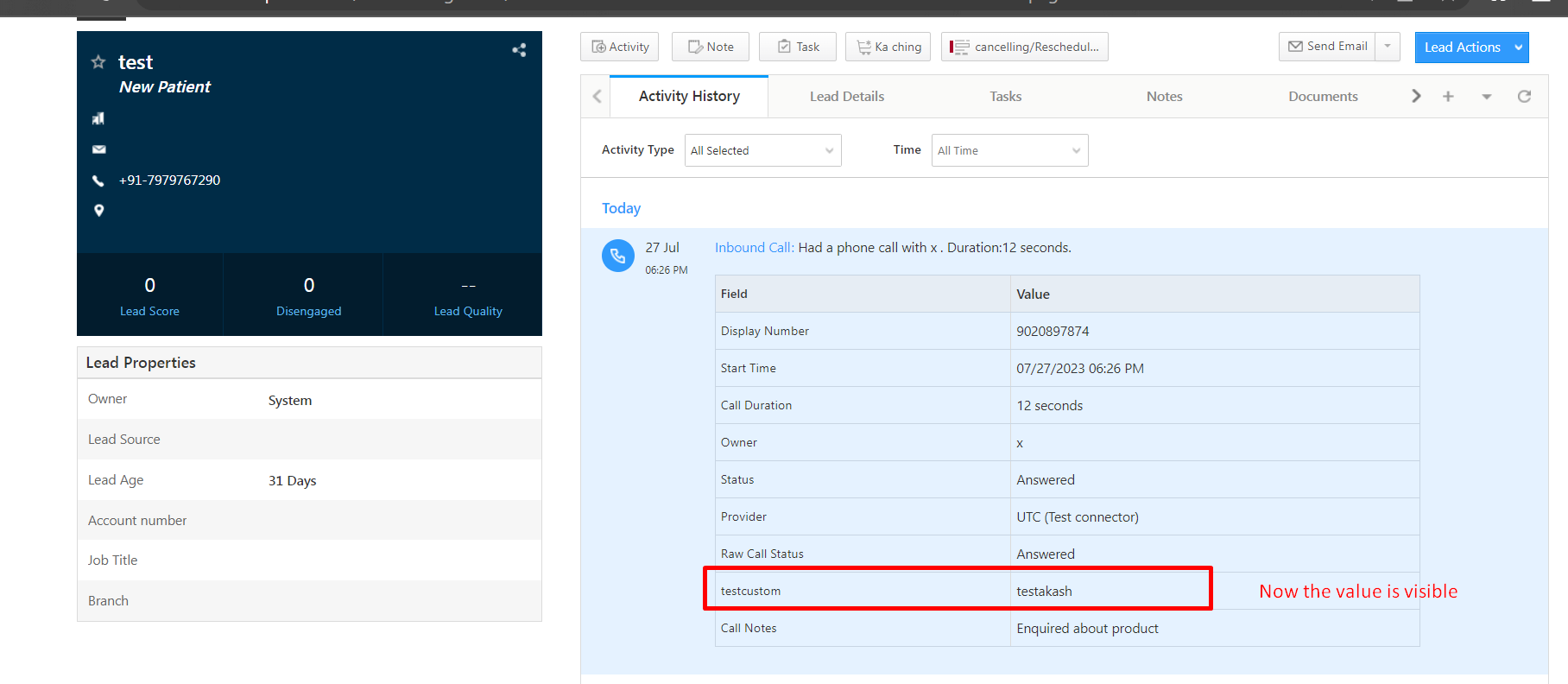 Custom Values in call log