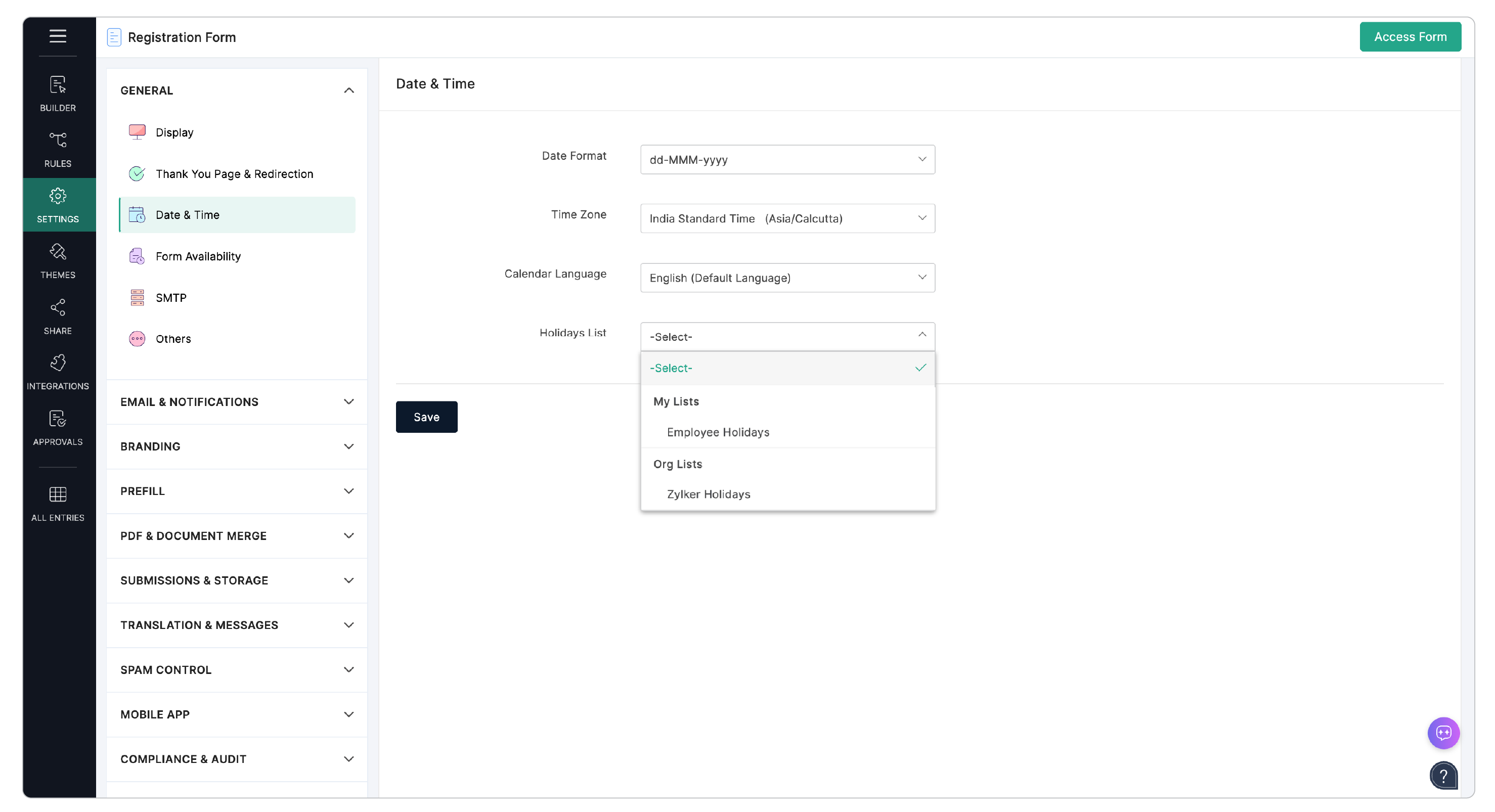 Holidays List in Settings