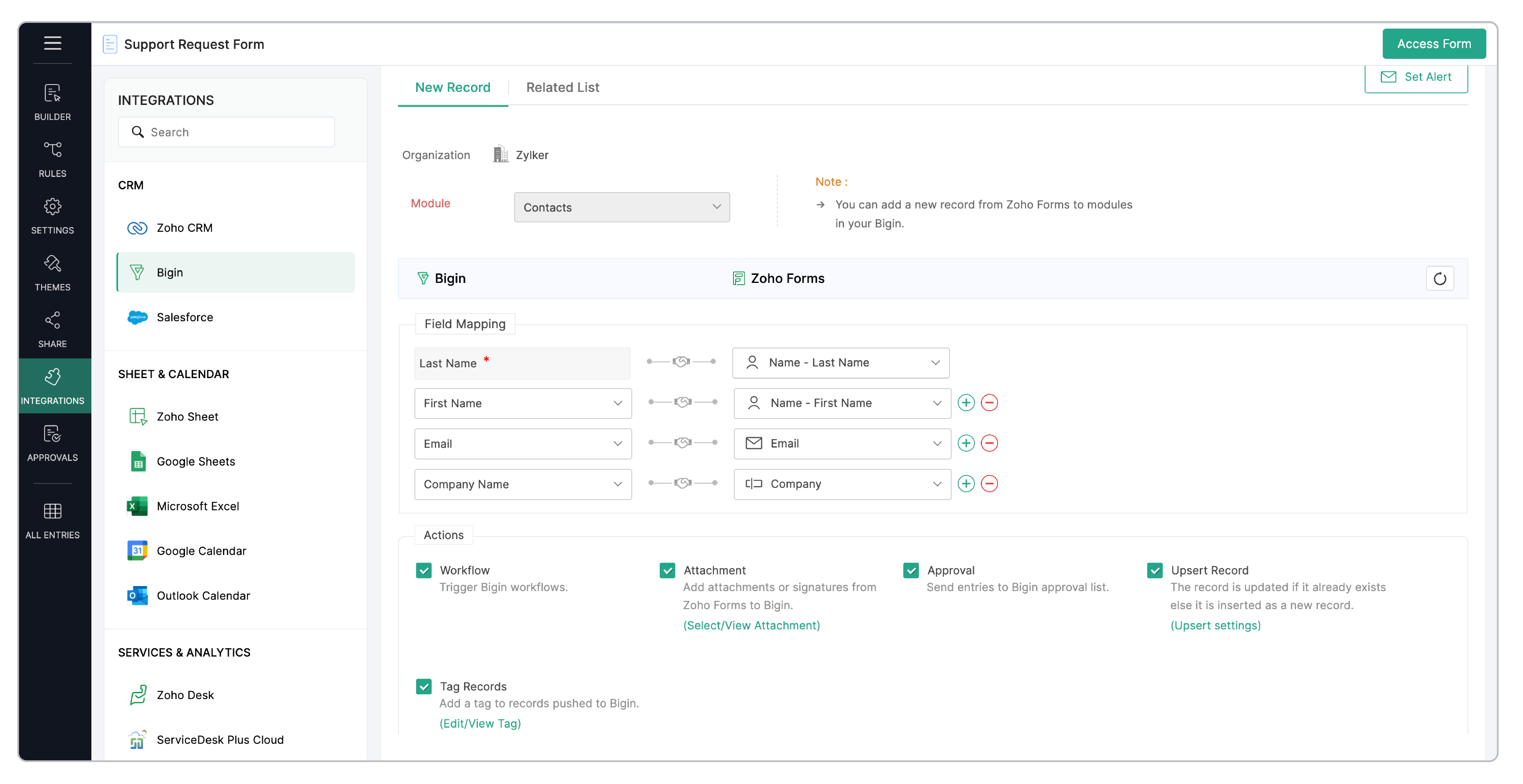 Integration setup to add a new record