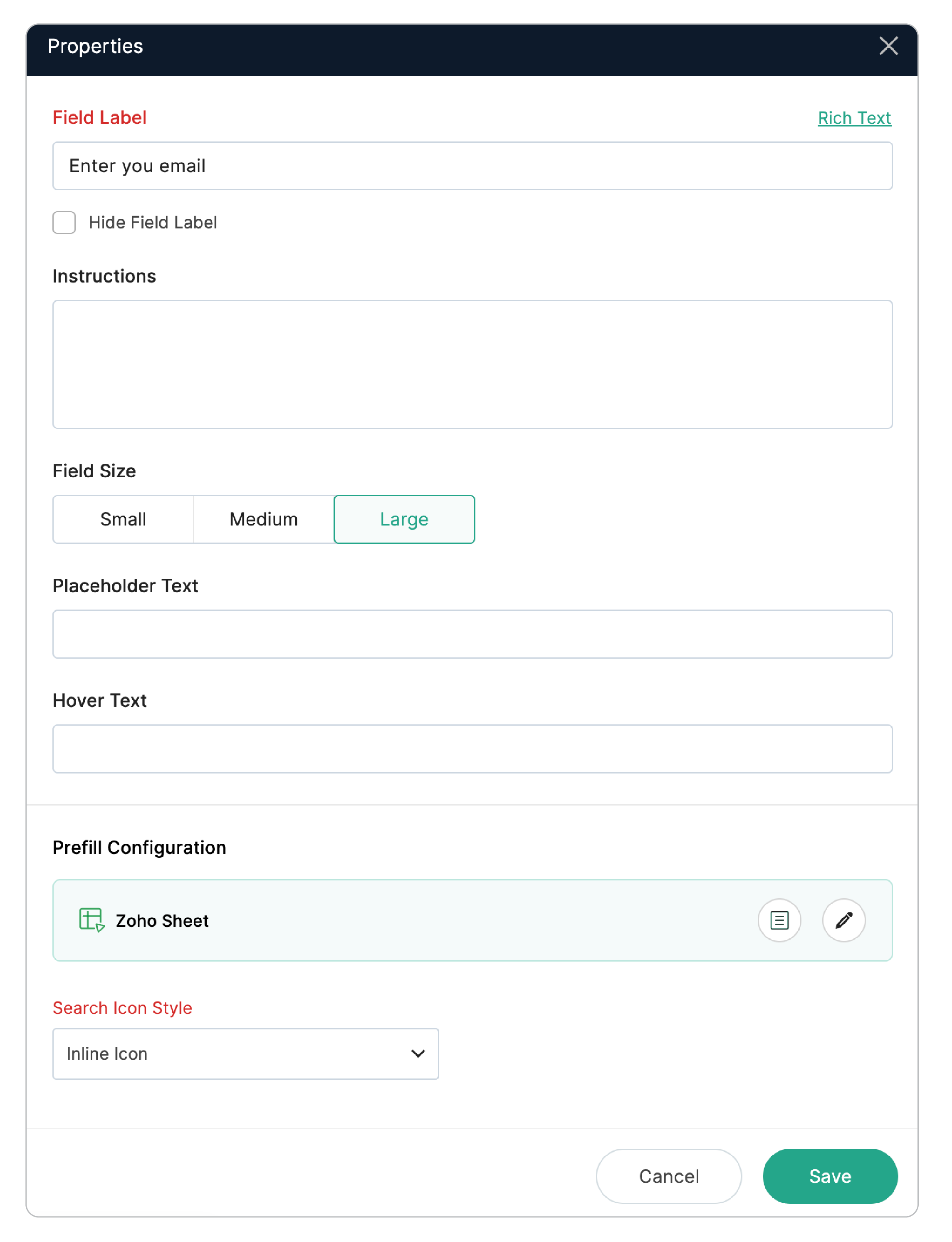 Prefill-Zoho Sheet Field Properties