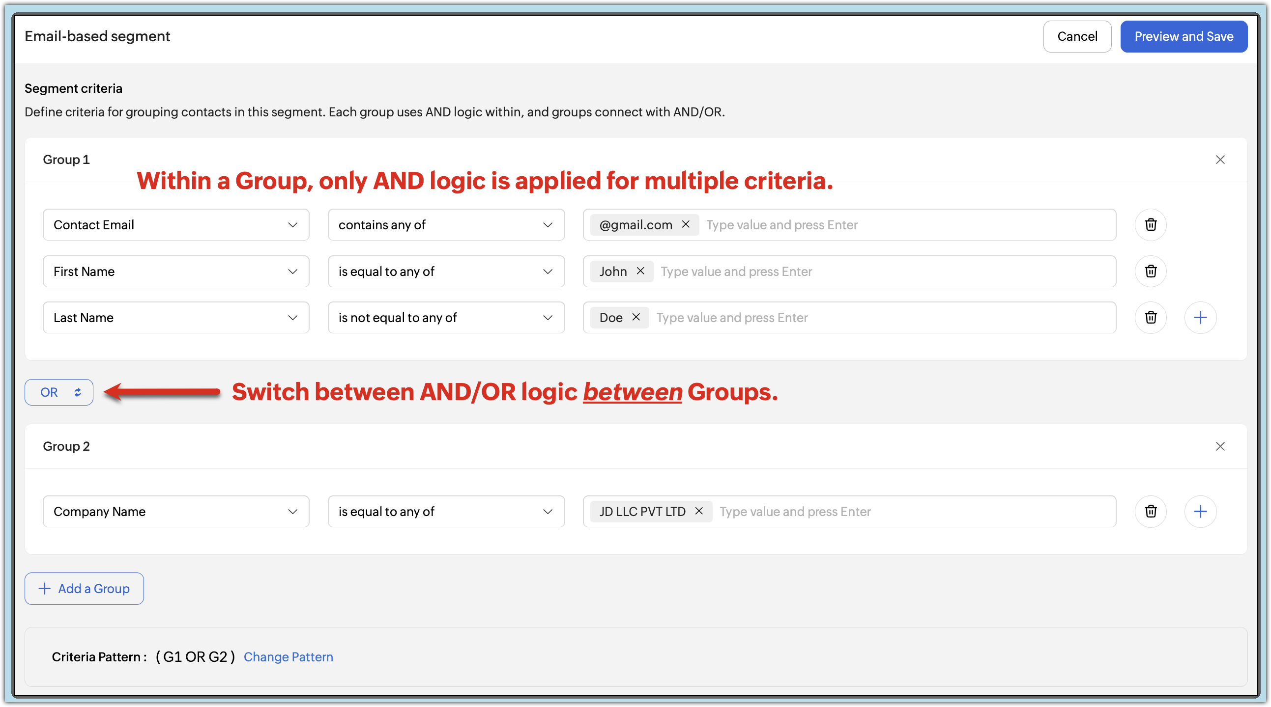 A segment example with multiple groups and logic within and between a group explained.