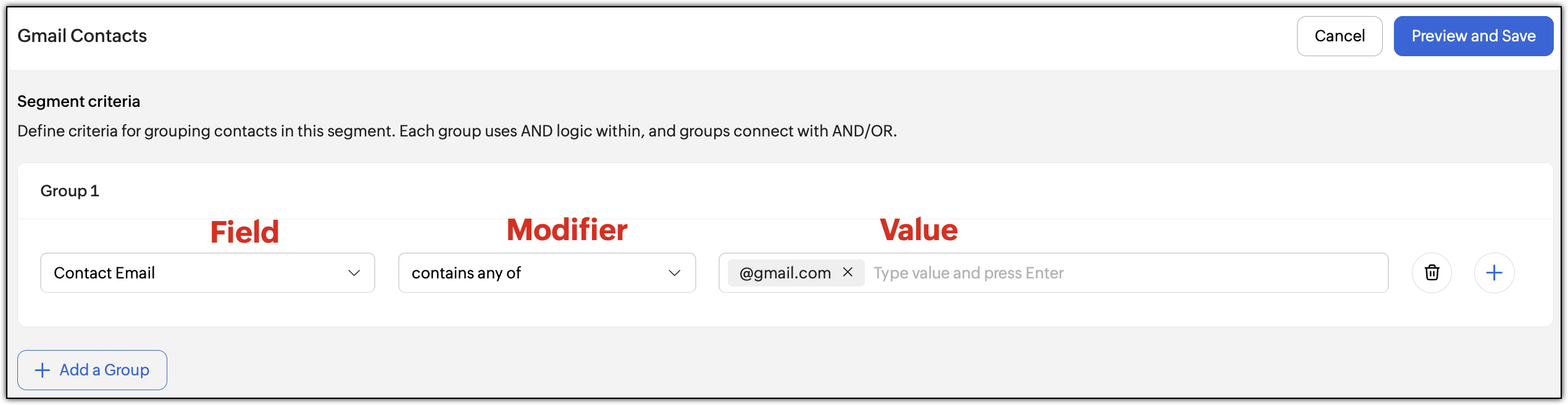 Creating a segment, choosing the criteria with field, modifier, value fields highlighted.